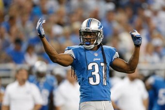 DETROIT, MI - SEPTEMBER 08: Rashean Mathis #31 of the Detroit Lions pumps up the crowd during the fourth quarter while playing the Minnesota Vikings at Ford Field on September 8, 2013 in Detroit, Michigan. Detroit won the game 34-24. (Photo by Gregory Sha