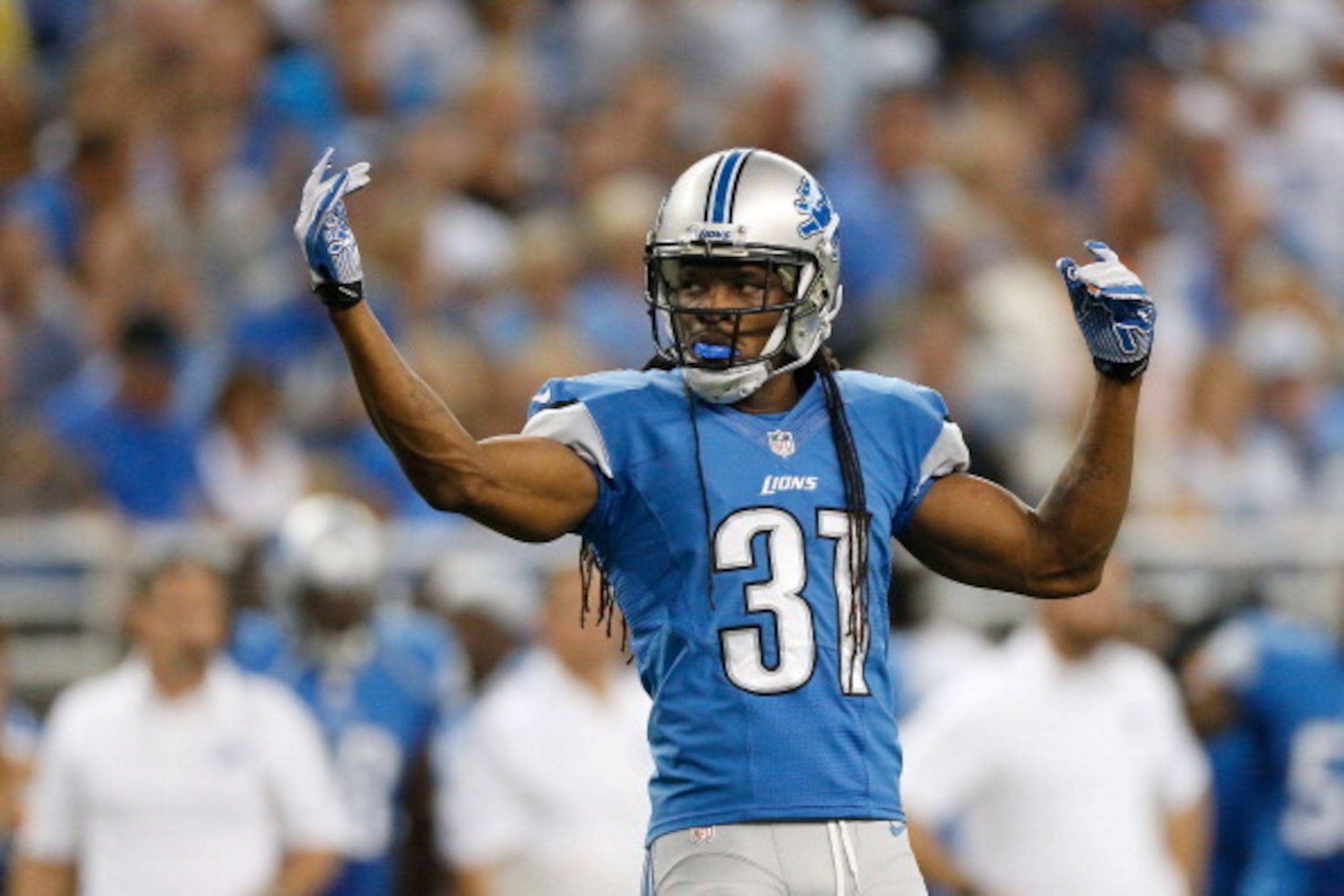 DETROIT, MI - SEPTEMBER 08: Rashean Mathis #31 of the Detroit Lions pumps up the crowd during the fourth quarter while playing the Minnesota Vikings at Ford Field on September 8, 2013 in Detroit, Michigan. Detroit won the game 34-24. (Photo by Gregory Sha