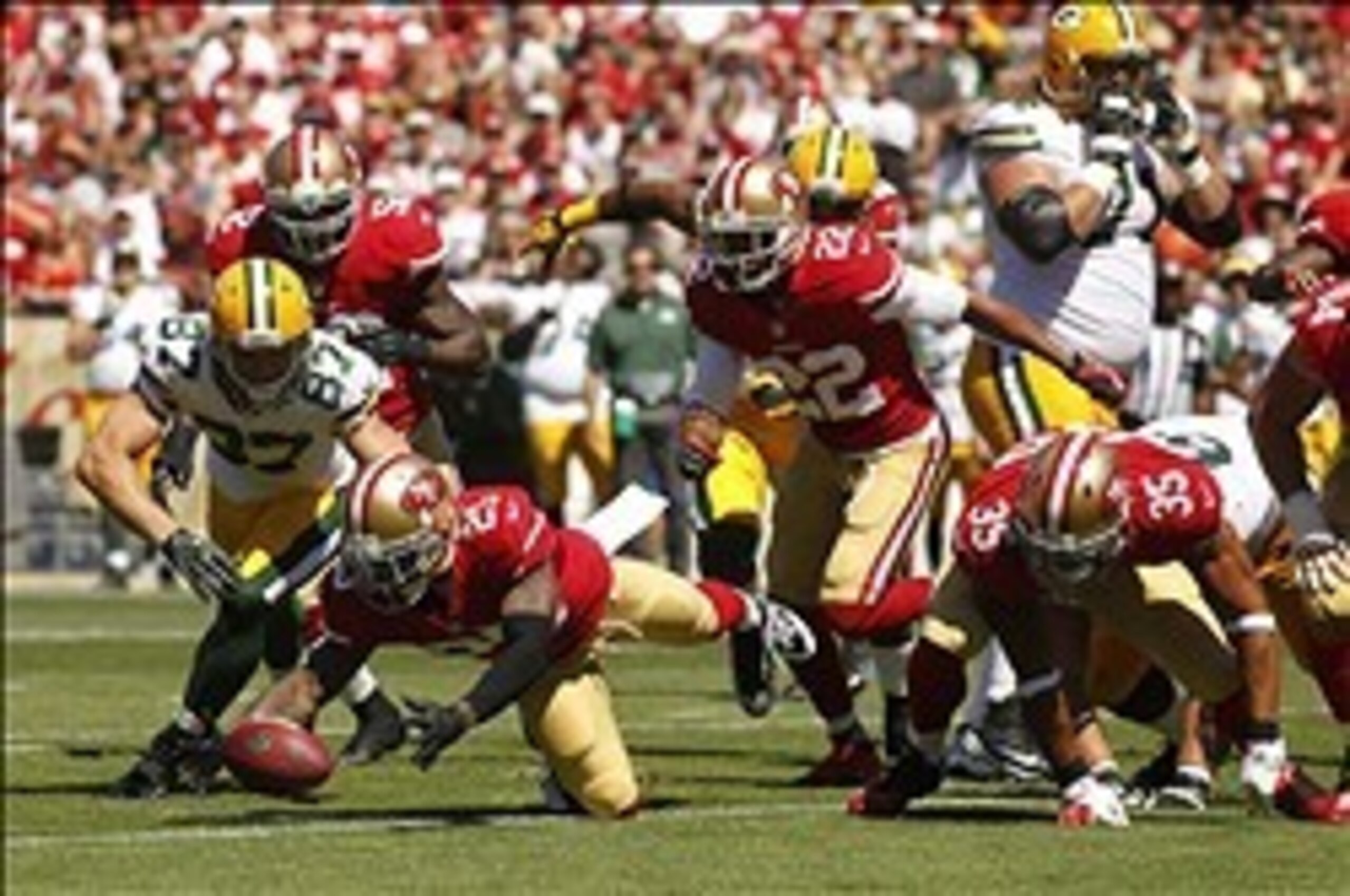 Tarell Brown pounces on a fumble way back in the 49ers' Week 1 victory over the Packers.