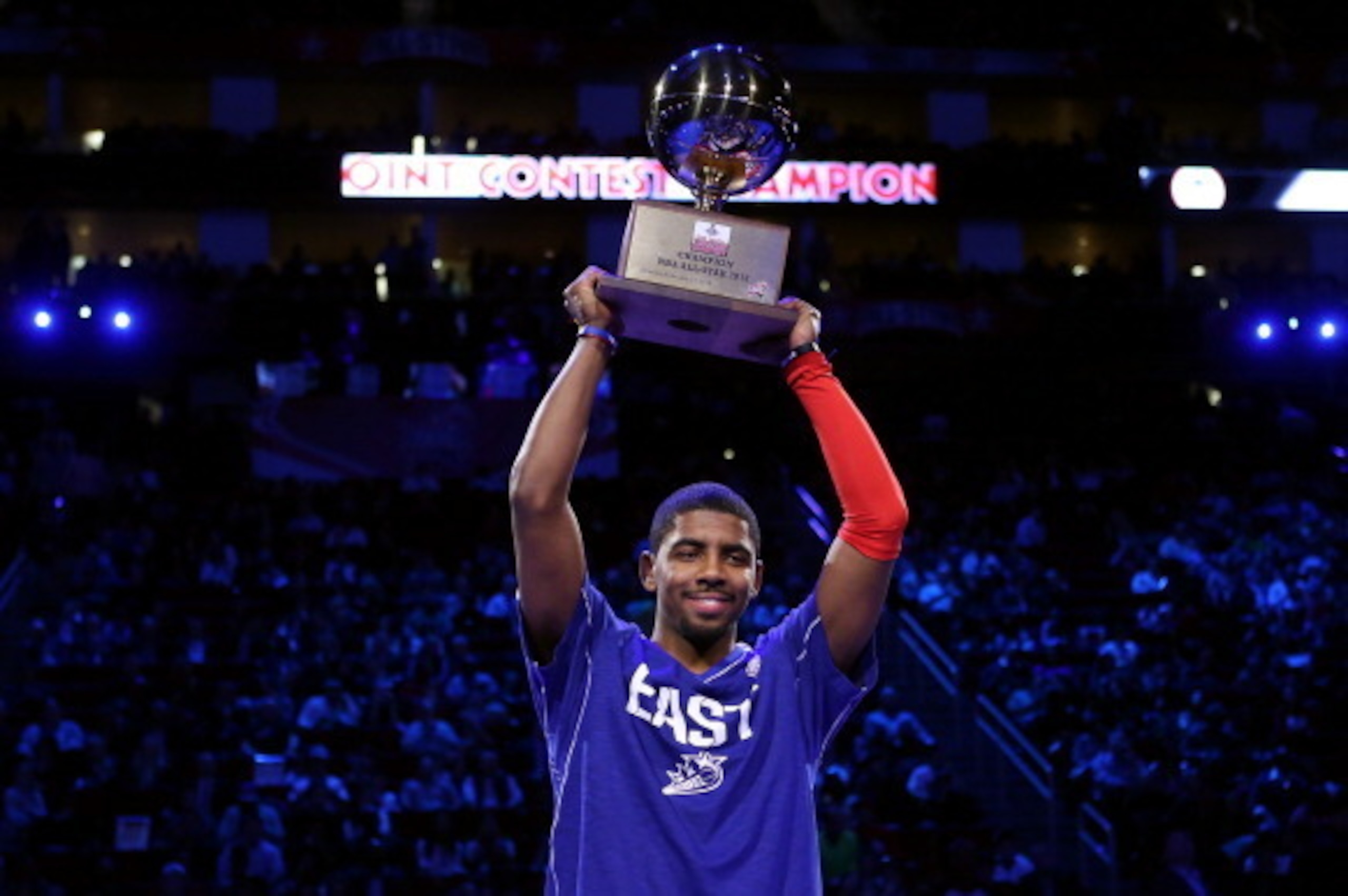 HOUSTON, TX - FEBRUARY 16:  Kyrie Irving of the Cleveland Cavaliers celebrates after winning the Foot Locker Three-Point Contest part of 2013 NBA All-Star Weekend at the Toyota Center on February 16, 2013 in Houston, Texas. NOTE TO USER: User expressly ac