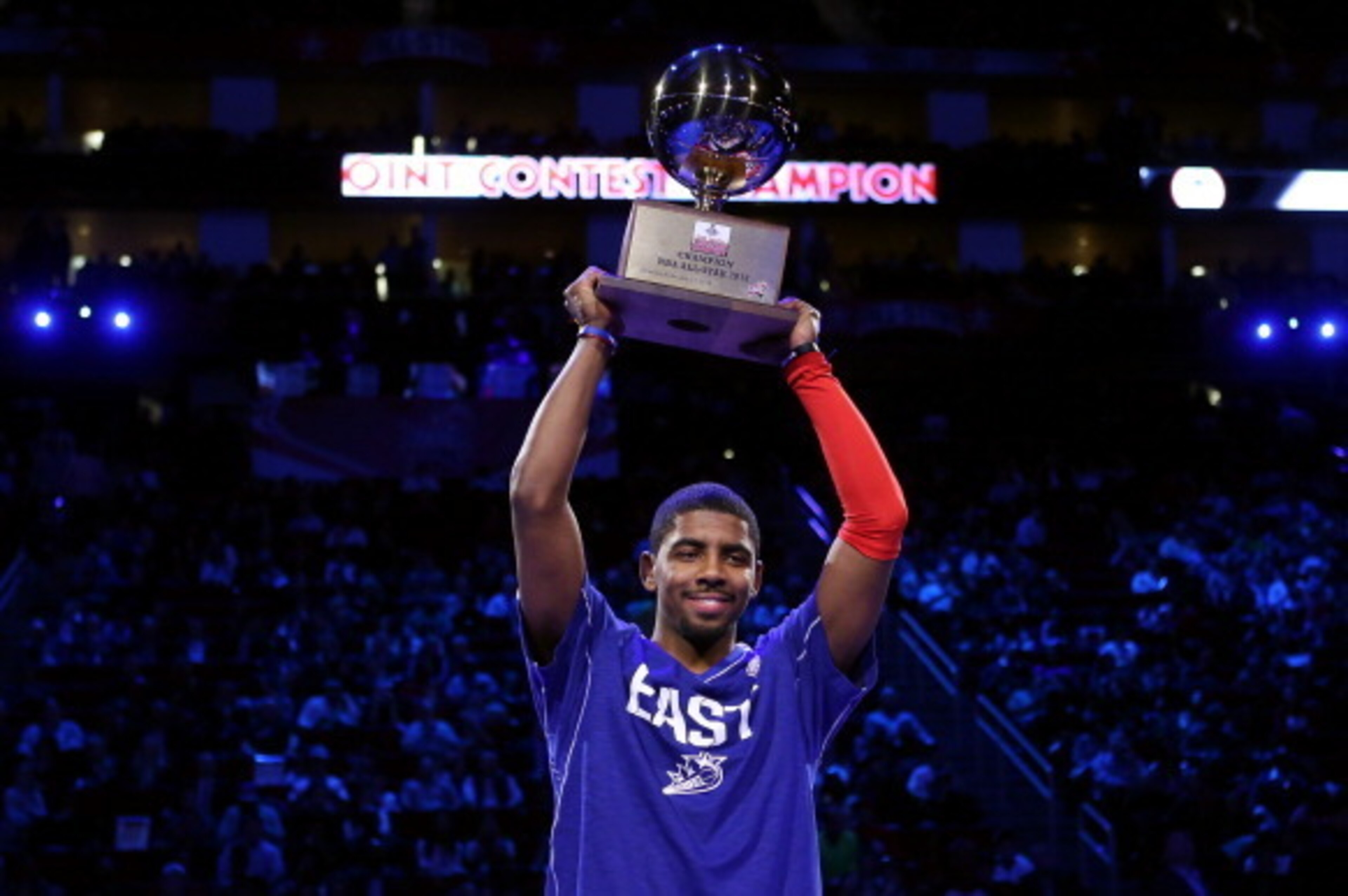 HOUSTON, TX - FEBRUARY 16:  Kyrie Irving of the Cleveland Cavaliers celebrates after winning the Foot Locker Three-Point Contest part of 2013 NBA All-Star Weekend at the Toyota Center on February 16, 2013 in Houston, Texas. NOTE TO USER: User expressly ac