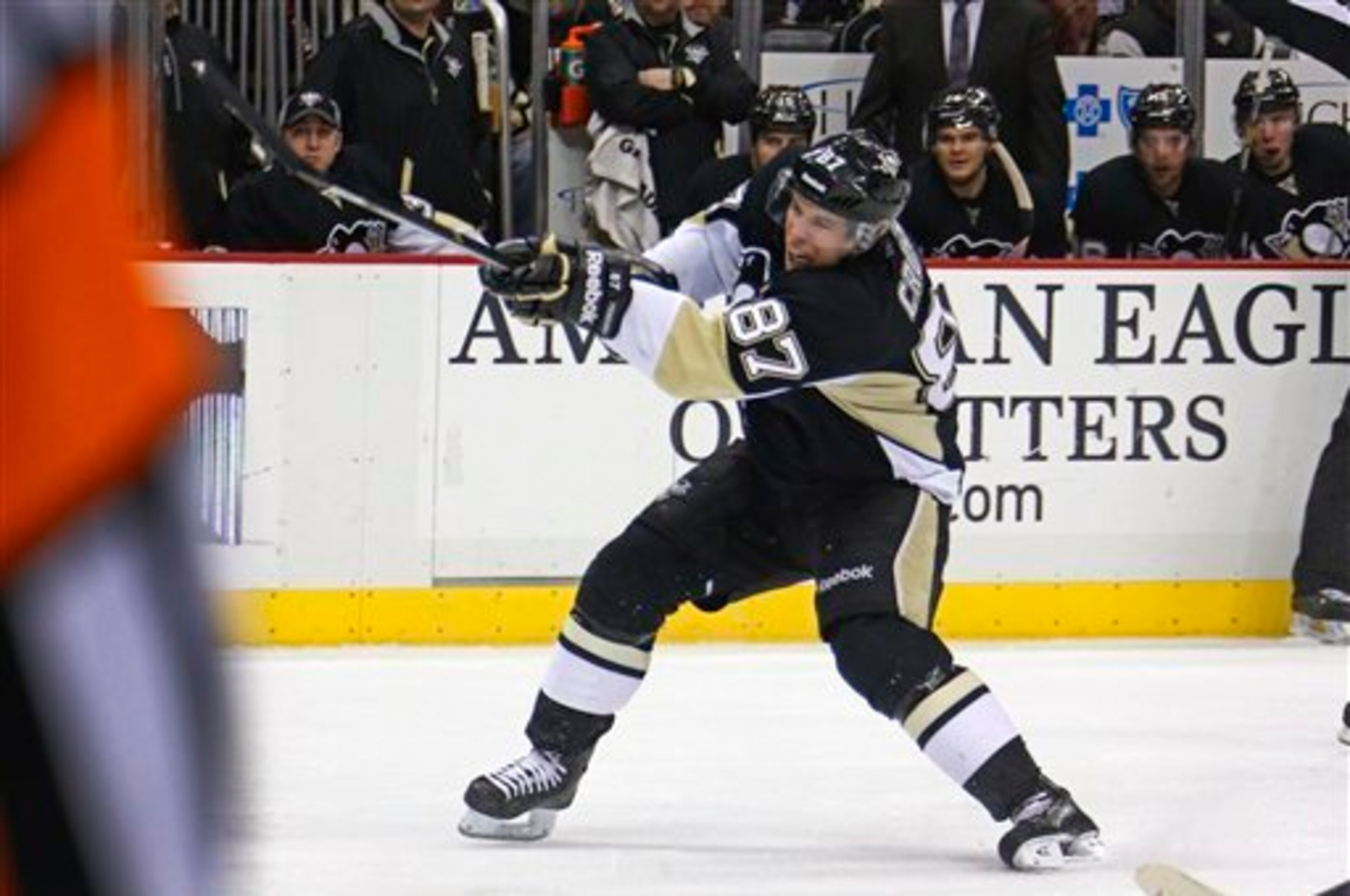 Sidney Crosby takes a shot. Sidney Crosby takes a shot.