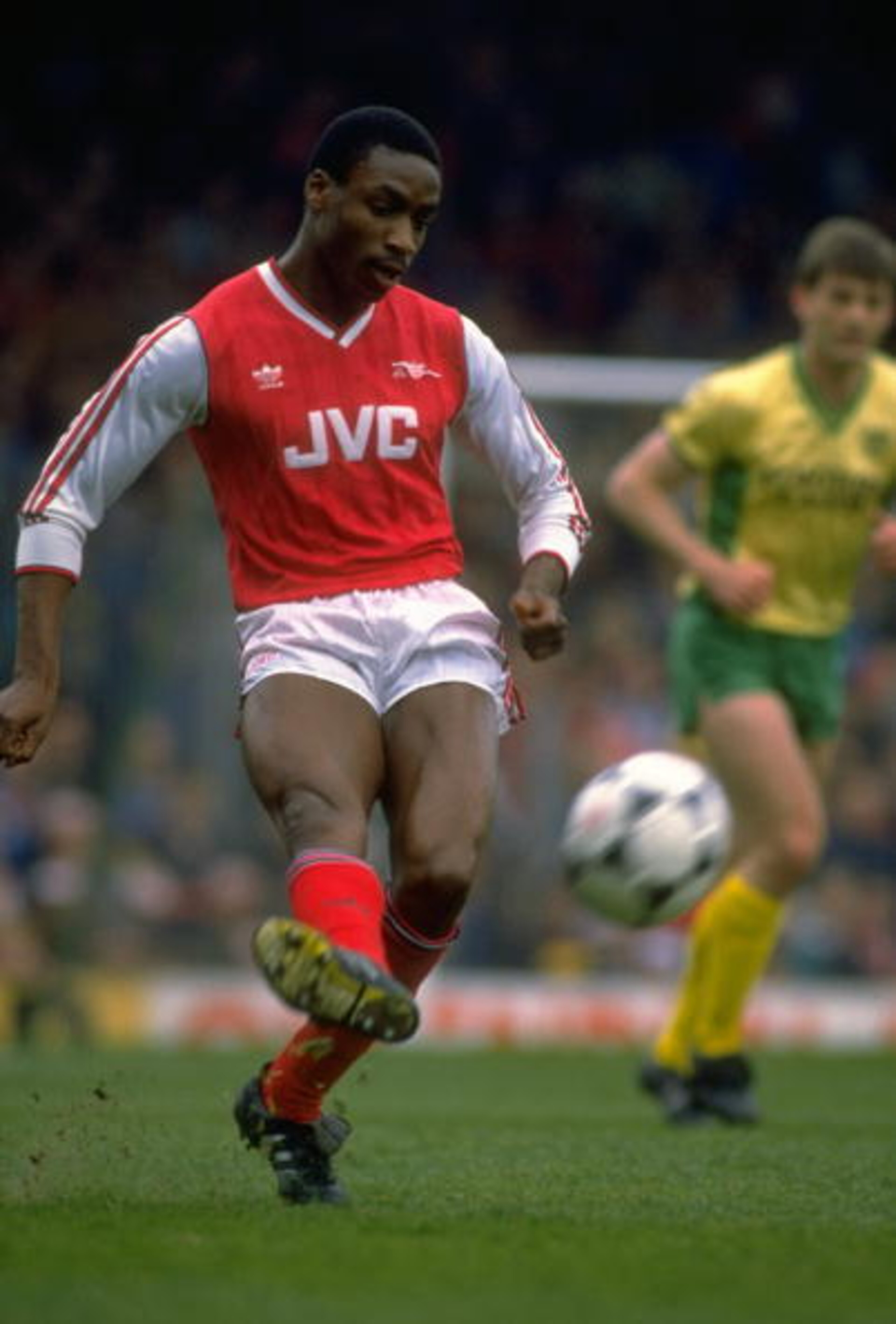 1987:  Gus Caesar of Arsenal in action during a Barclays League Division One match against Norwich City at the Highbury Stadium in London. Arsenal won the match 2-0. \ Mandatory Credit: Dan  Smith/Allsport