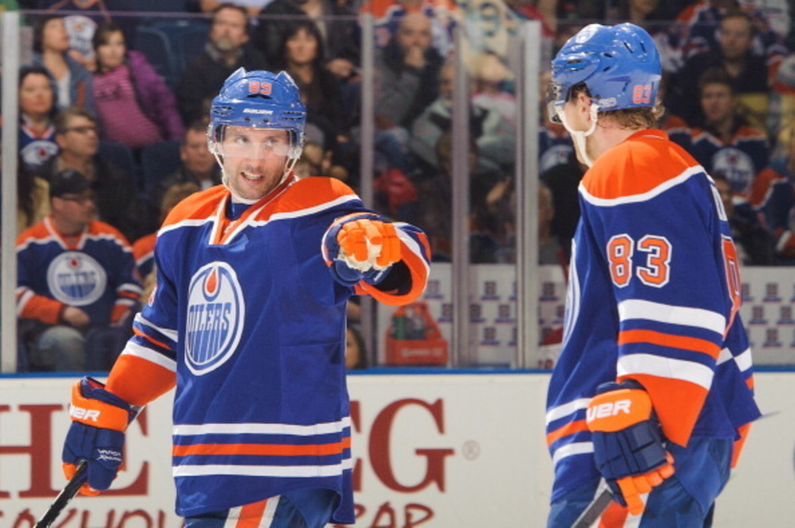 EDMONTON, CANADA - FEBRUARY 23:  Sam Gagner #89 and Ales Hemsky #83 of the Edmonton Oilers talk between plays during the game against the Minnesota Wild during an NHL game at Rexall Place on February 23, 2013 in Edmonton, Alberta, Canada. (Photo by Derek 