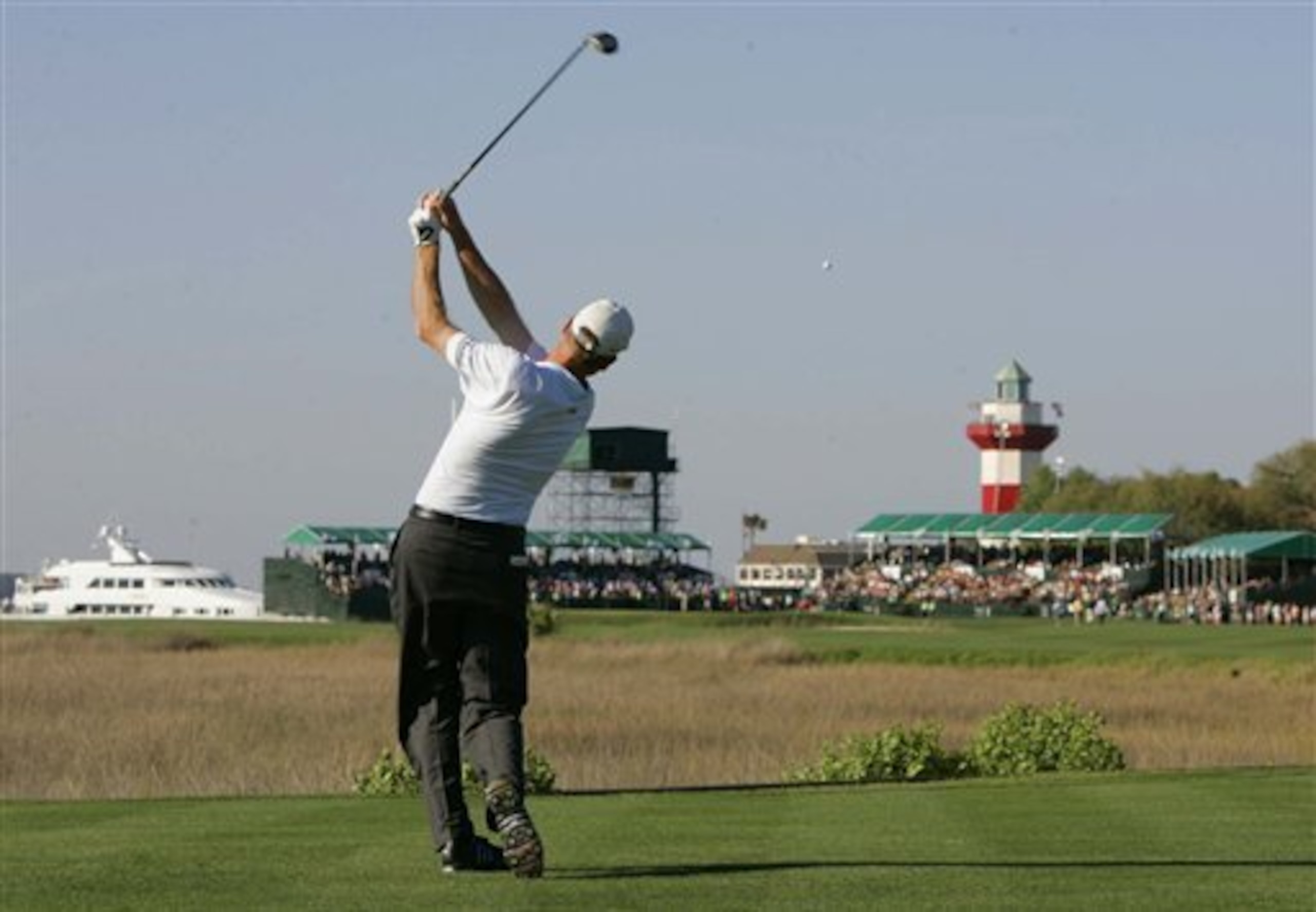 One of the great tee shots on the PGA Tour, the 18th at Harbour Town Golf Links.