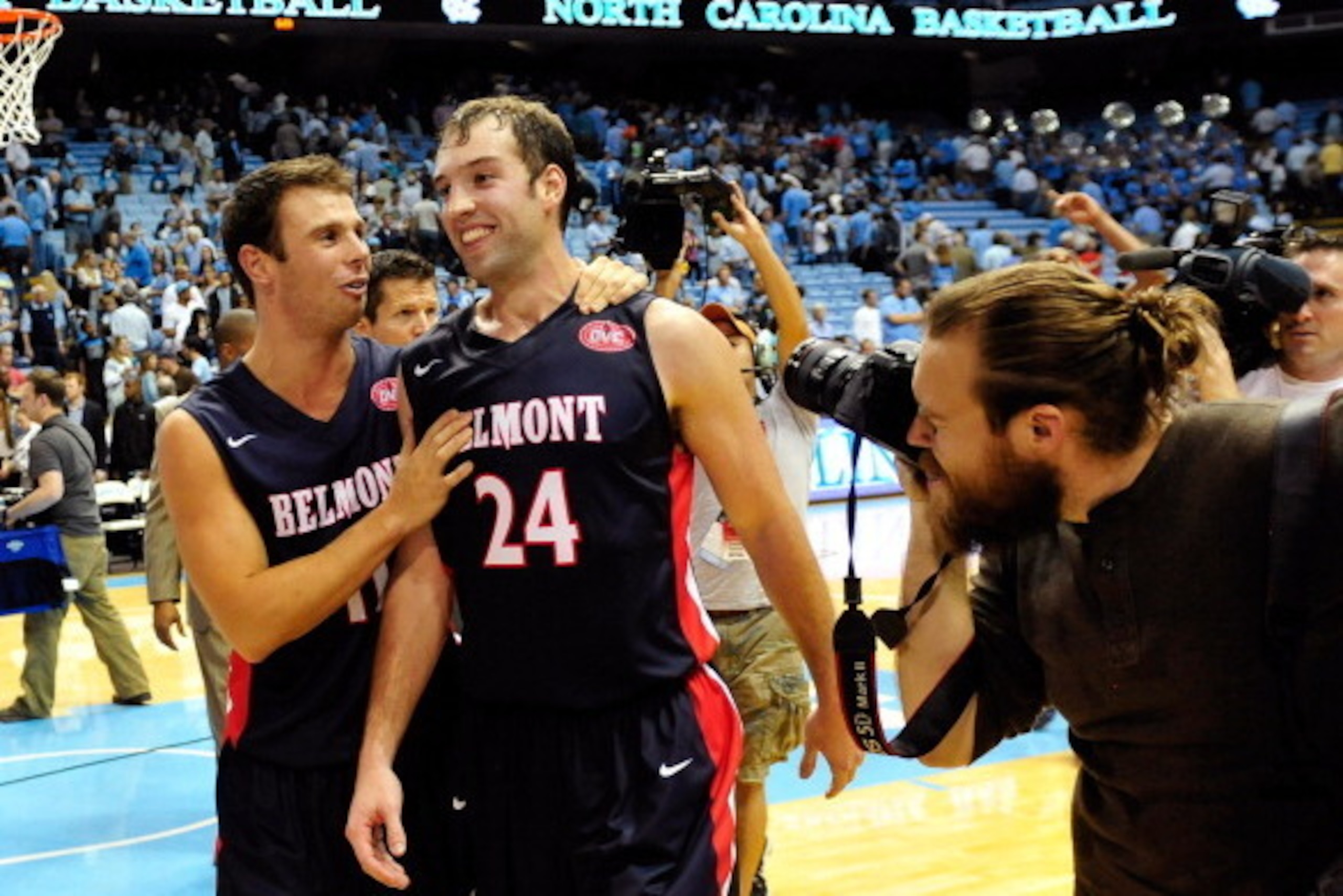 J.J. Mann (24) celebrates after hitting a game-winning shot over North Carolina.