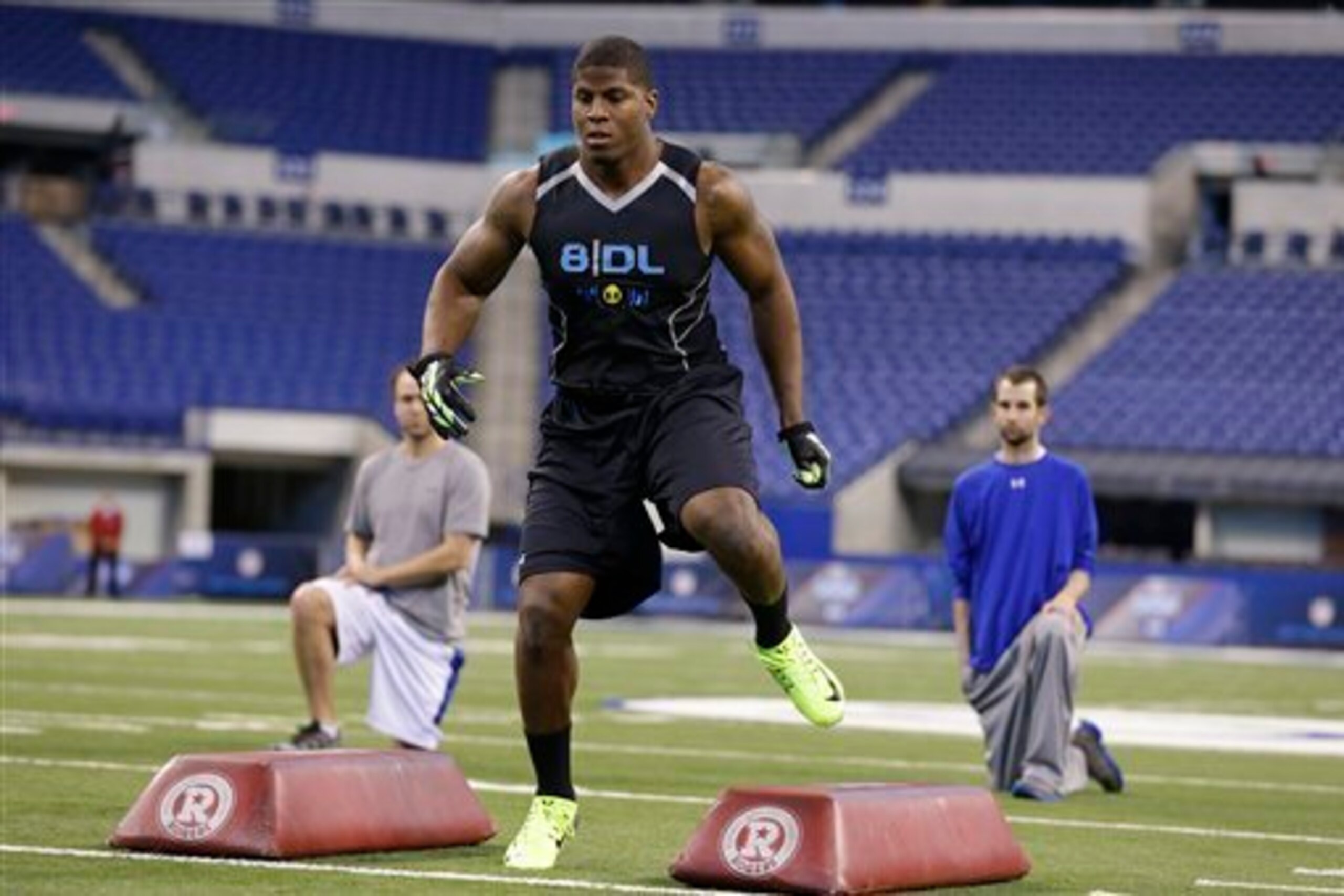 Missouri DE Kony Ealy competes at the combine. Missouri DE Kony Ealy competes at the combine.