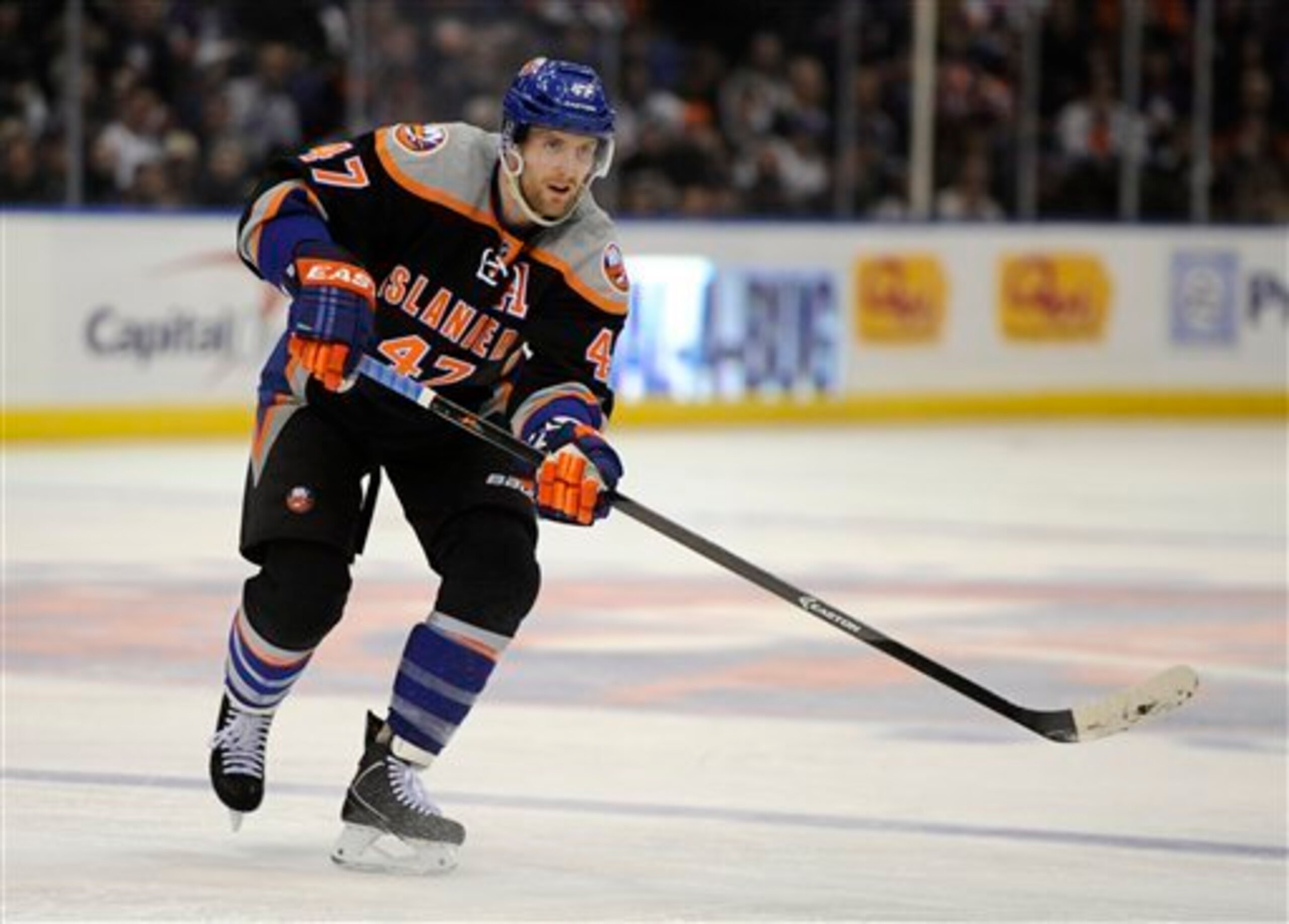 New York Islanders defenseman Andrew MacDonald. New York Islanders defenseman Andrew MacDonald.