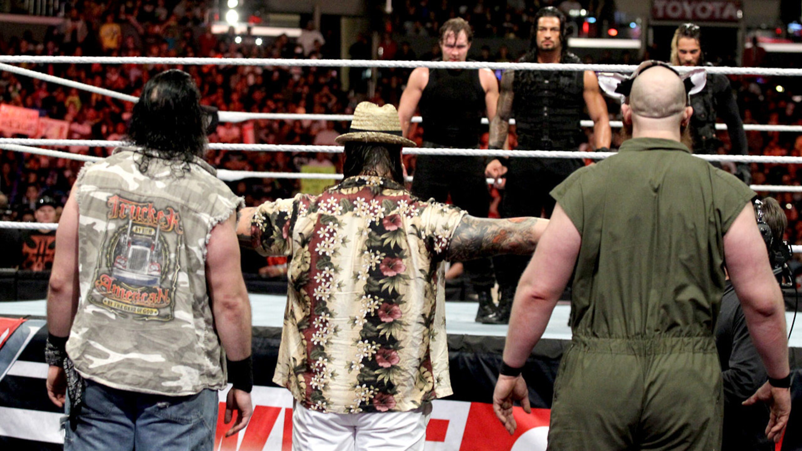 The Wyatt Family and The Shield stare each other down.