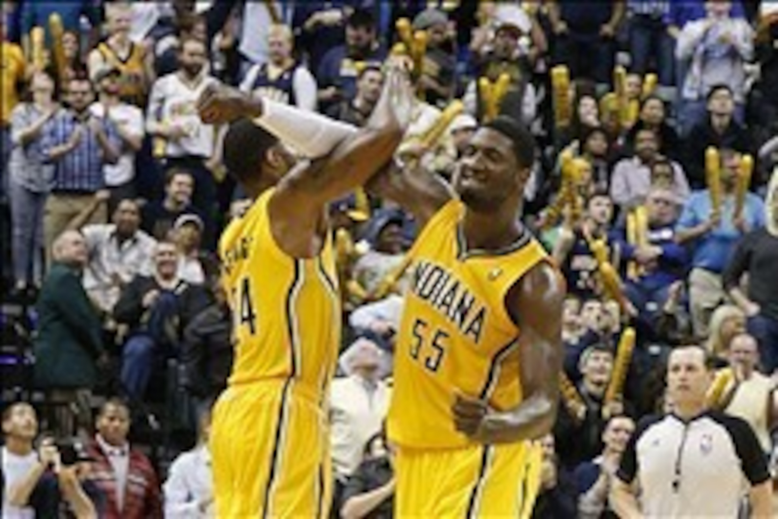 Paul George (left) and Roy Hibbert Paul George (left) and Roy Hibbert