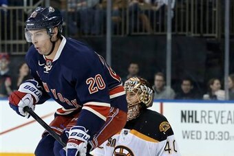 New York Rangers' Chris Kreider, left, jumps up in front of Boston Bruins goalie Tuukka Rask during the second period of an NHL hockey game Sunday, March 2, 2014, in New York. (AP Photo/Seth Wenig) New York Rangers' Chris Kreider, left, jumps up in front of Boston Bruins goalie Tuukka Rask during the second period of an NHL hockey game Sunday, March 2, 2014, in New York. (AP Photo/Seth Wenig)