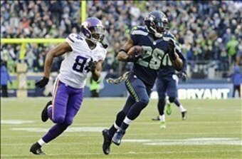 Walter Thurmond returns this interception against the Vikings. Walter Thurmond returns this interception against the Vikings.