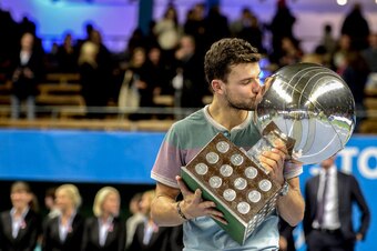 Grigor Dimitrov celebrates winning the 2013 Stockholm Open Tennis tournament in Sweden.