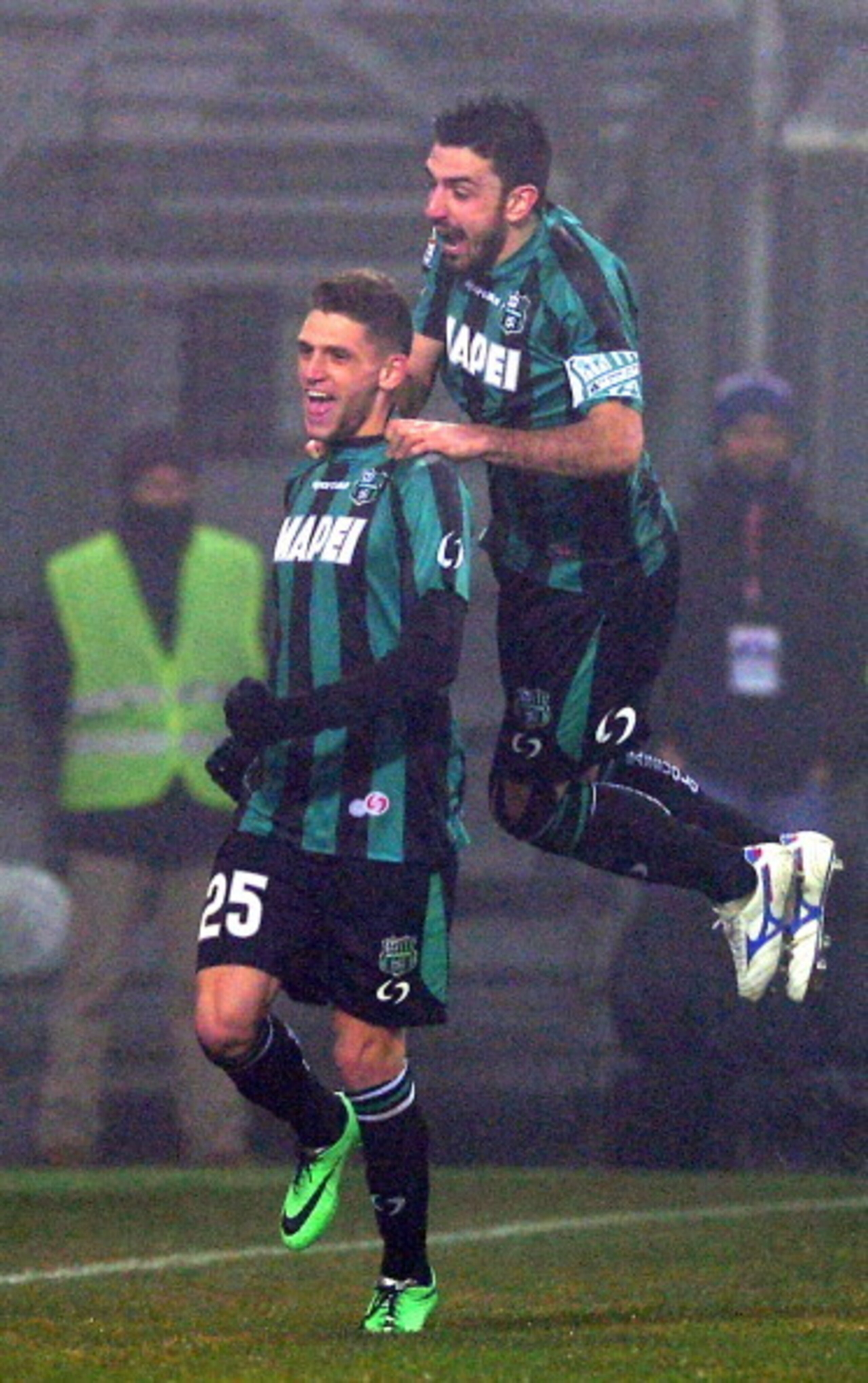 Domenico Berardi (No. 25) celebrates one of his four goals against AC Milan. Domenico Berardi (No. 25) celebrates one of his four goals against AC Milan.