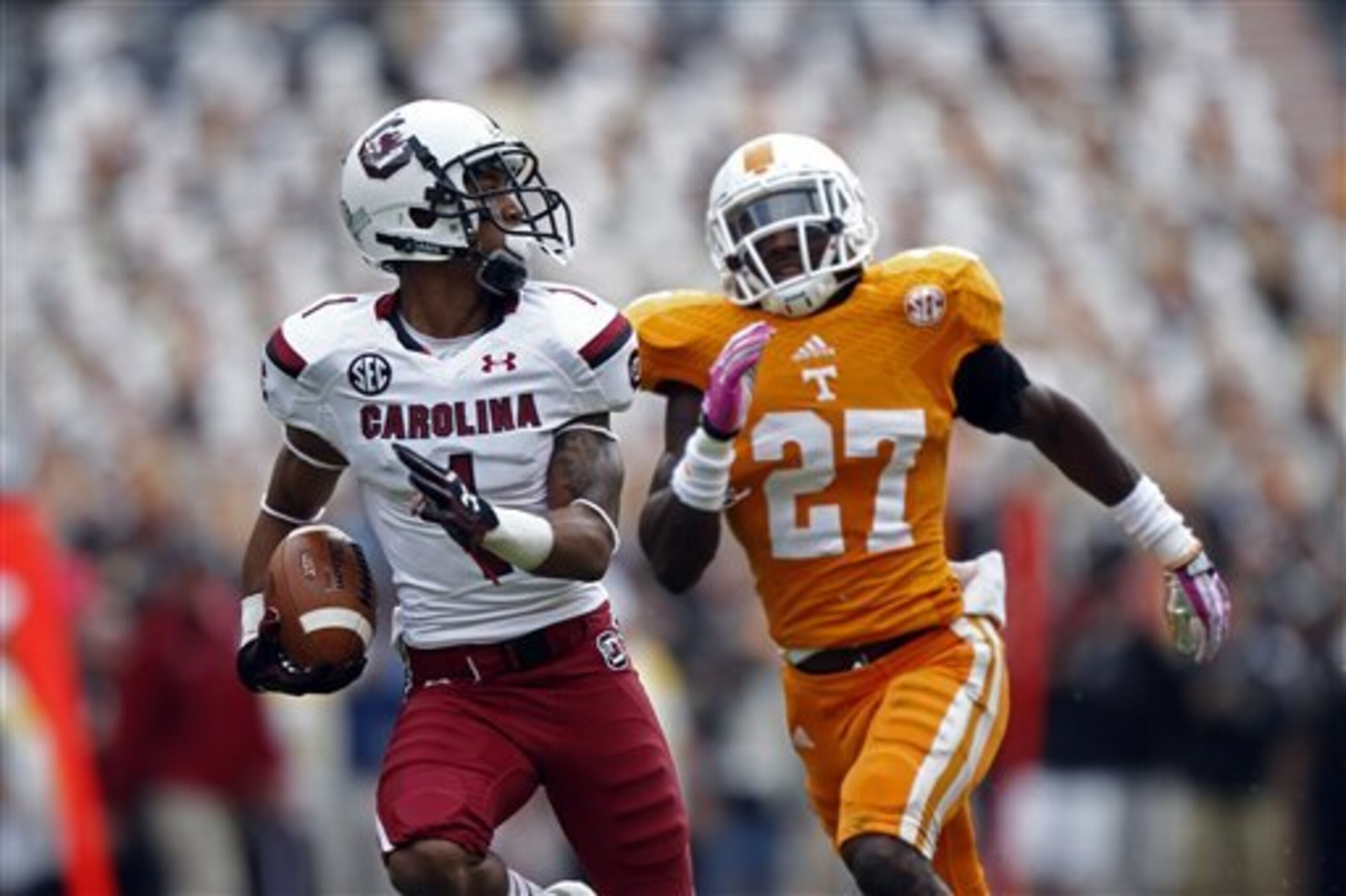 Damiere Byrd (No. 1) is South Carolina's fastest wide  receiver.
