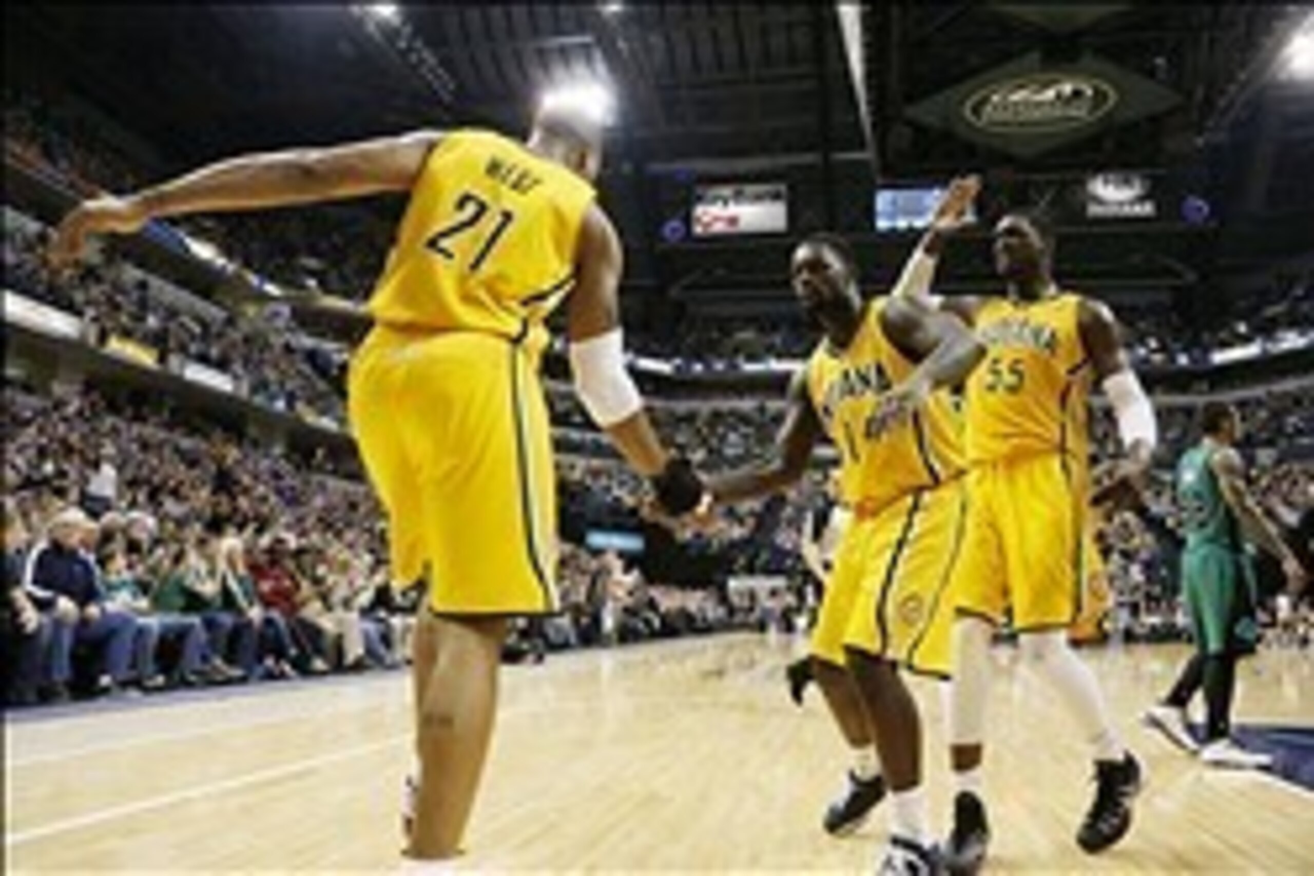 David West, Lance Stephenson and Roy Hibbert celebrate Indy's 94-83 win over the Boston Celtics on March 11 to snap a four-game losing streak. David West, Lance Stephenson and Roy Hibbert celebrate Indy's 94-83 win over the Boston Celtics on March 11 to snap a four-game losing streak.