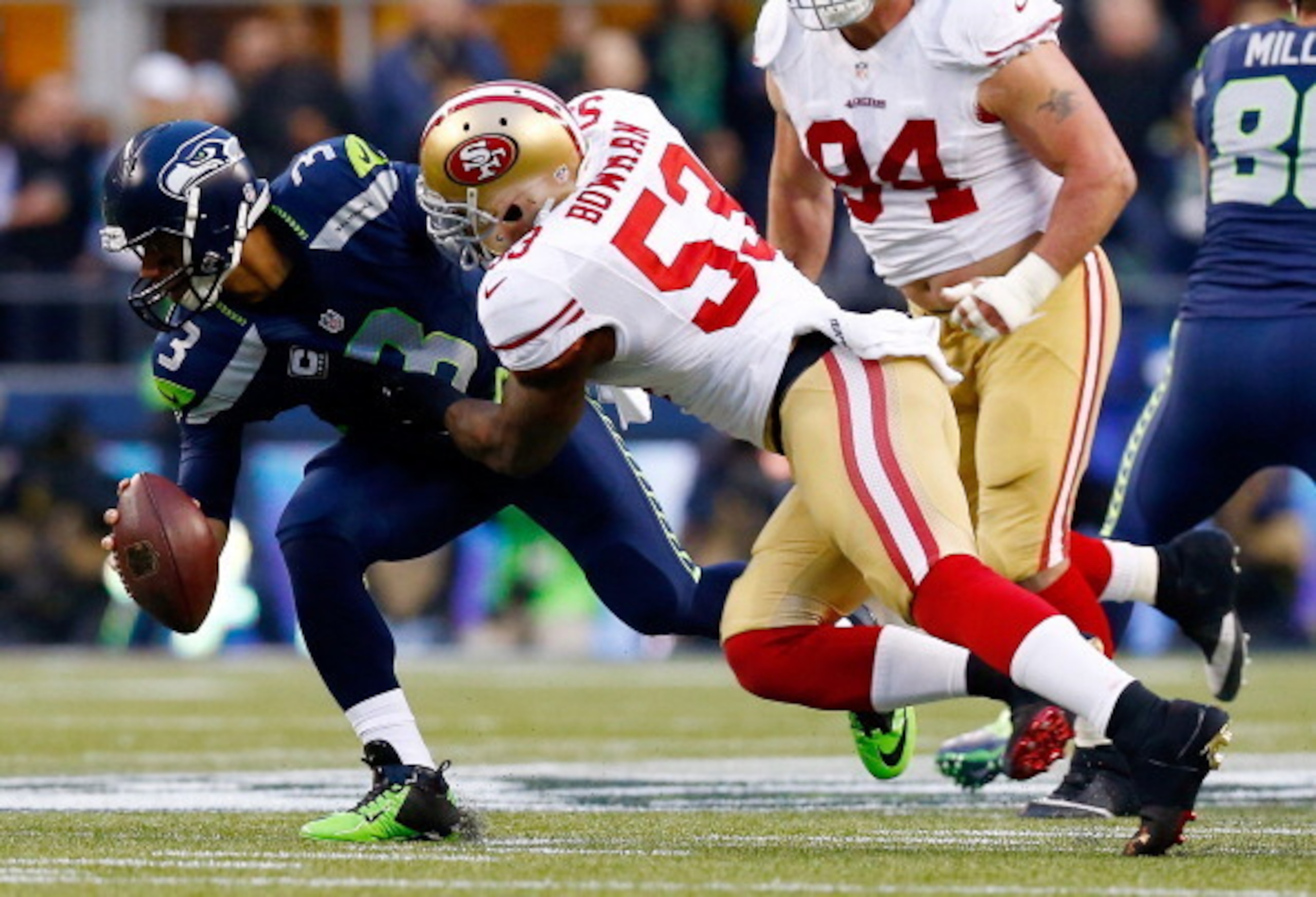 NaVorro Bowman and Justin Smith (No. 94) were two essential cogs in the 49ers defense.