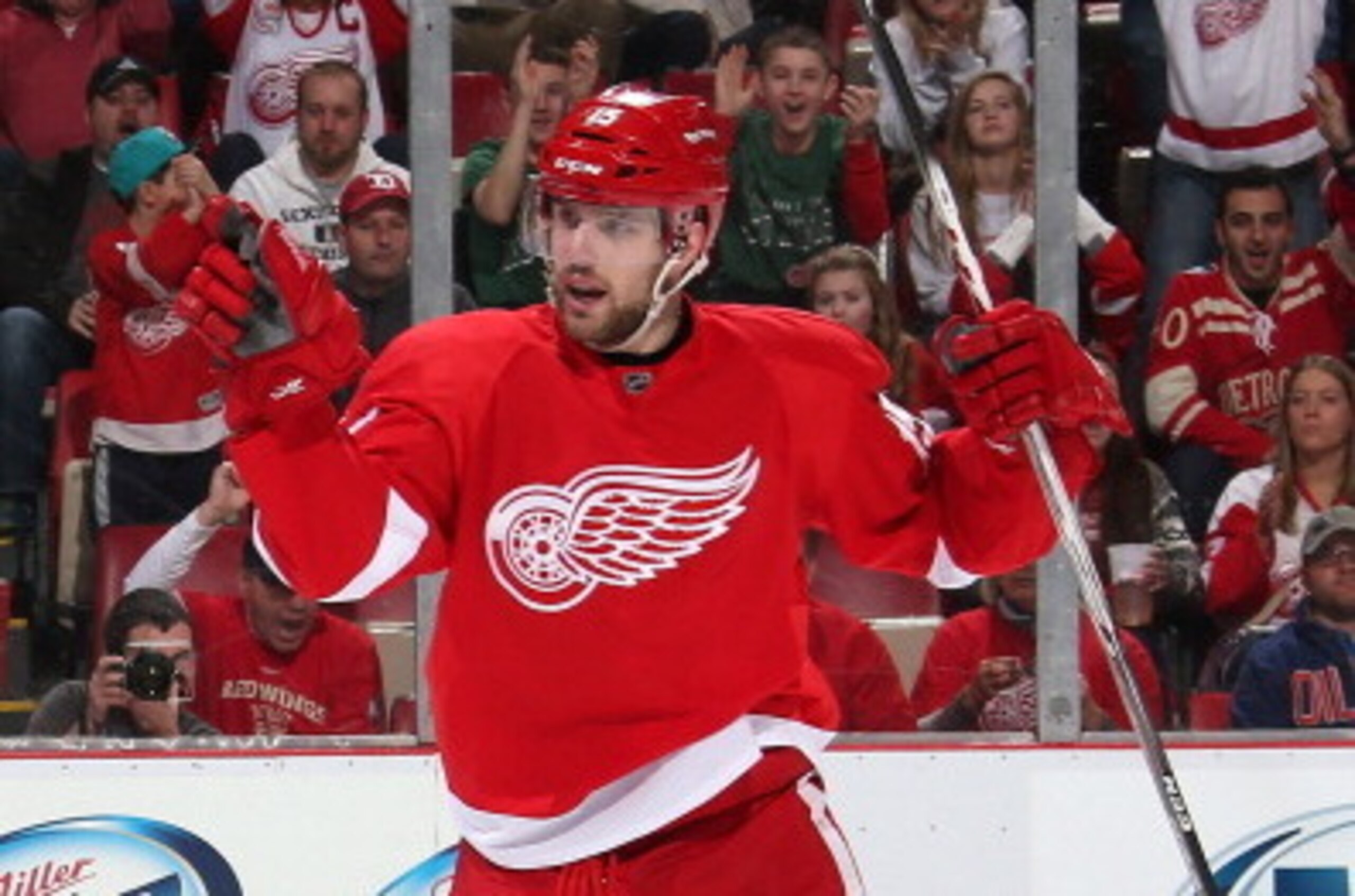 Riley Sheahan scores a first-period goal against the Edmonton Oilers on March 14.