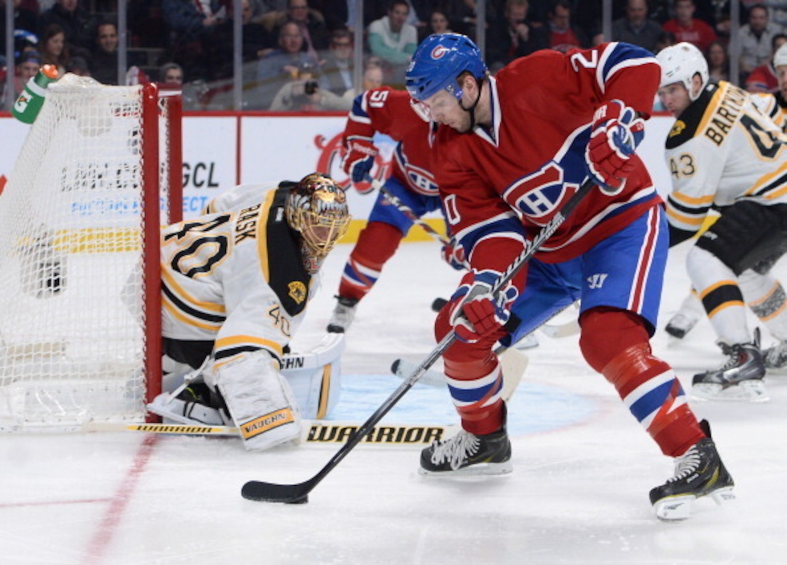 Montreal Canadiens forward Thomas Vanek in front of Boston Bruins goalie Tuukka Rask.