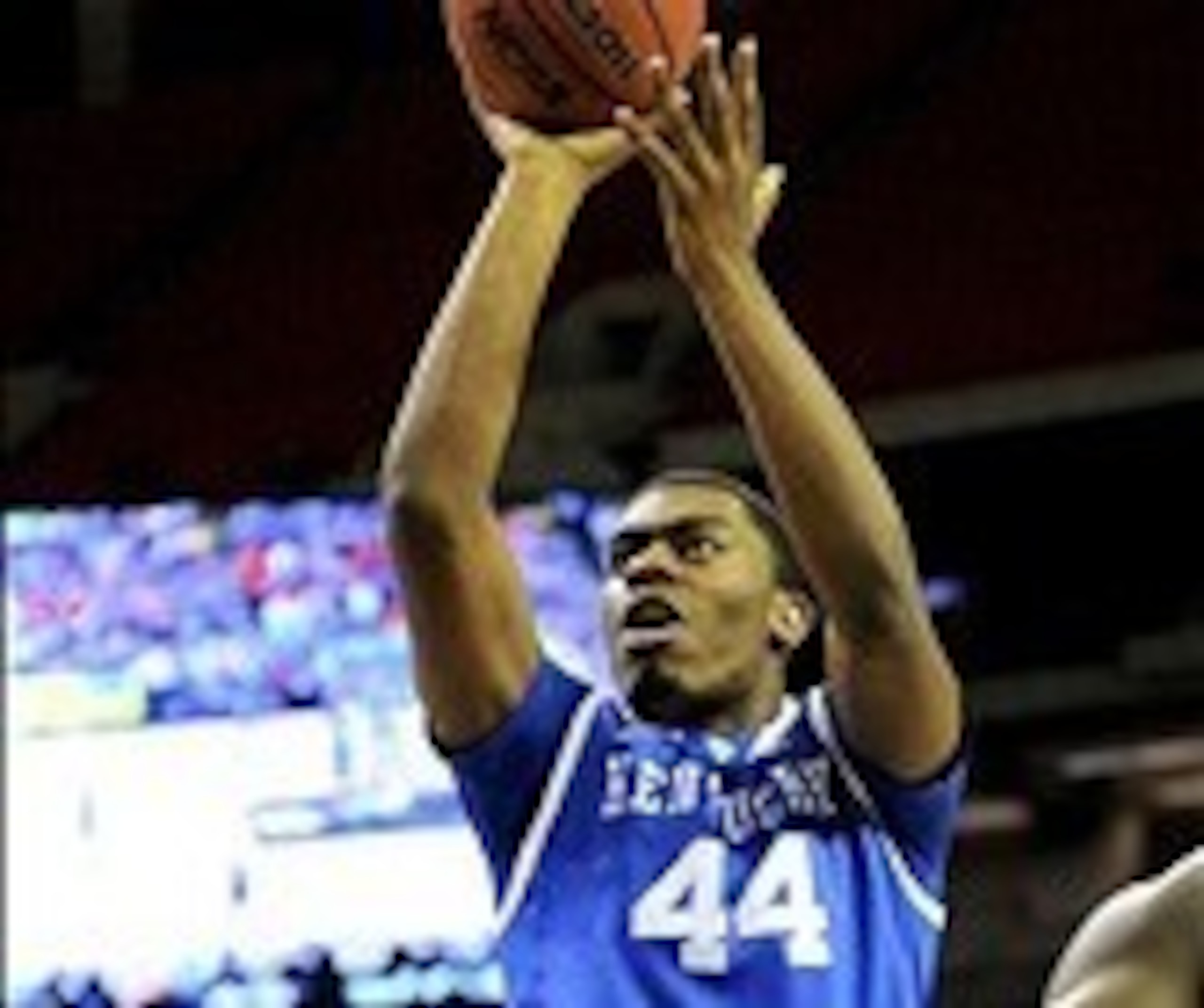Mar 16, 2014; Atlanta, GA, USA; Kentucky Wildcats center Dakari Johnson (44) shoots against the Florida Gators during the first half in the championship game for the SEC college basketball tournament at Georgia Dome. Mandatory Credit: Dale Zanine-USA TODA