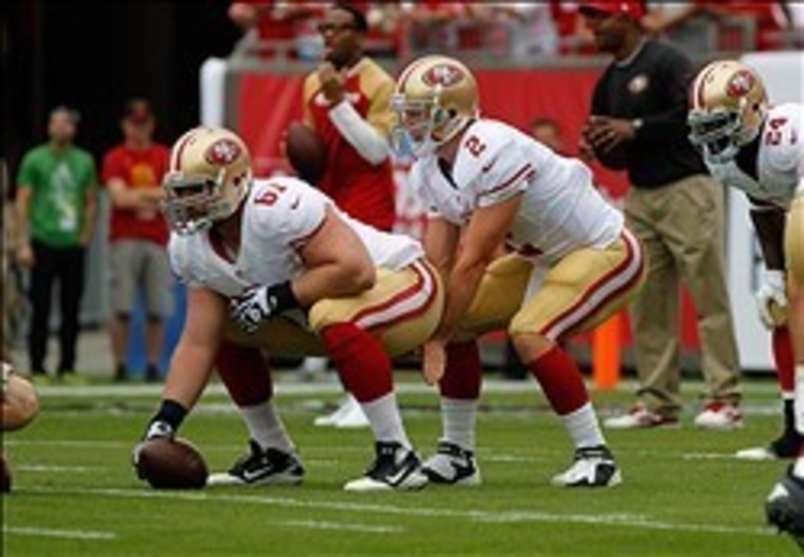 Focus on 49ers center Daniel Kilgore (No. 67)—not unsigned free-agent quarterback Colt McCoy.