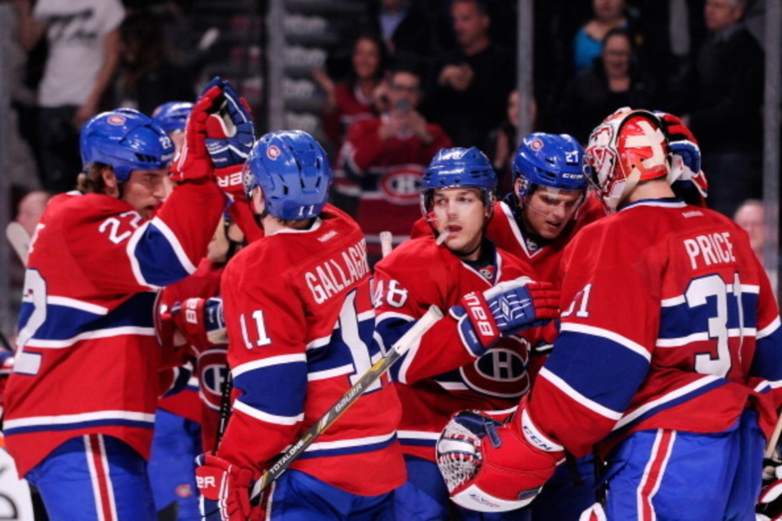 The Montreal Canadiens celebrate a victory over the Colorado Avalanche.