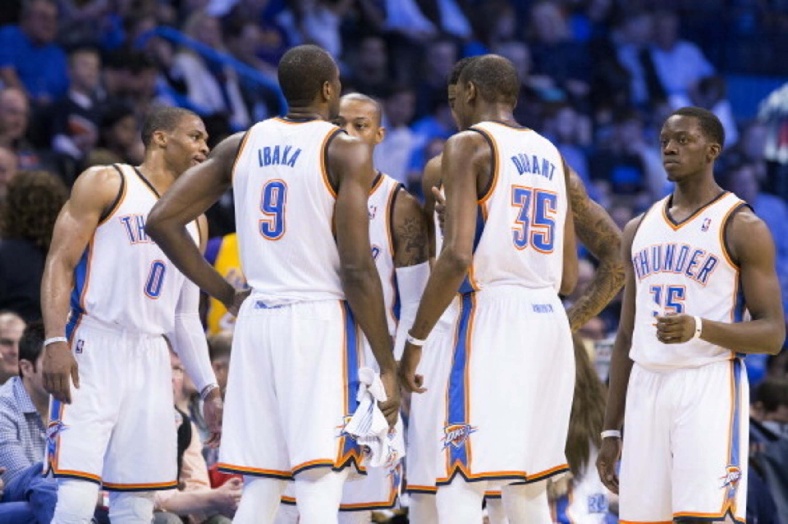 OKLAHOMA CITY, OK - March 13:  The Oklahoma City Thunder huddle up during the game against the Los Angeles Lakers at the Chesapeake Arena on March 13, 2014 in Oklahoma City, Oklahoma. NOTE TO USER:  User expressly acknowledges and agrees that, by download