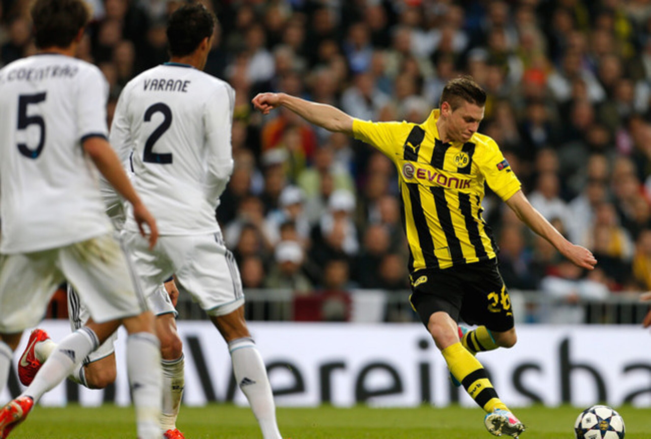 Borussia Dortmund left-back Lukasz Piszczek takes aim against Real Madrid in this season's Champions League.