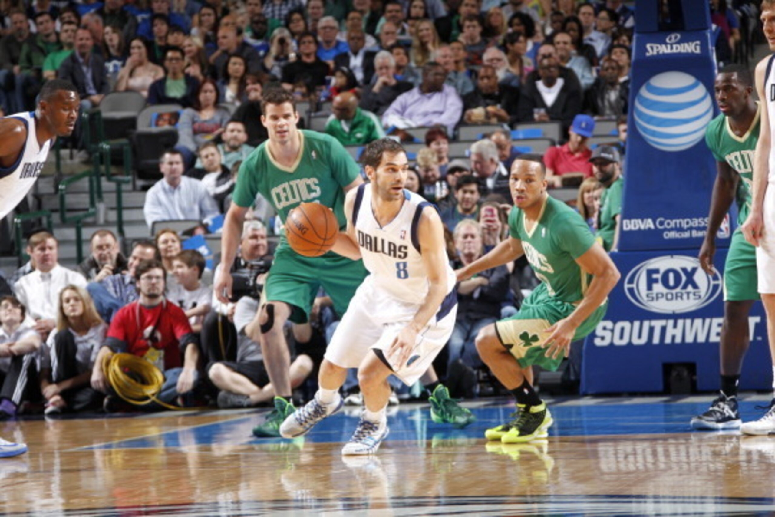 DALLAS, TX - MARCH 17: Jose Calderon #8 of the Dallas Mavericks handles the ball against the Boston Celtics on March 17, 2014 at the American Airlines Center in Dallas, Texas. NOTE TO USER: User expressly acknowledges and agrees that, by downloading and o