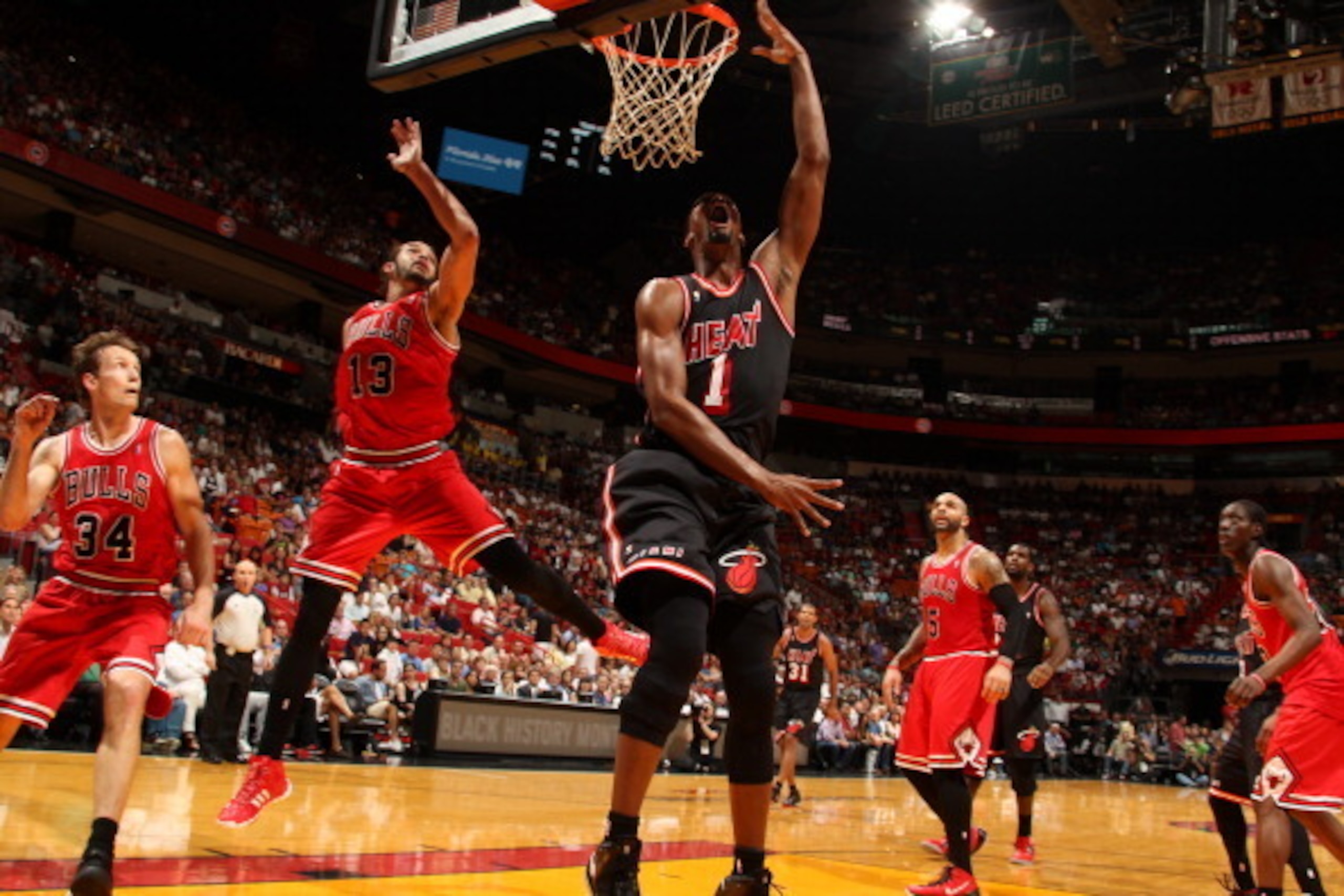 Miami Heat forward Chris Bosh attempts a reverse layup against the Chicago Bulls.