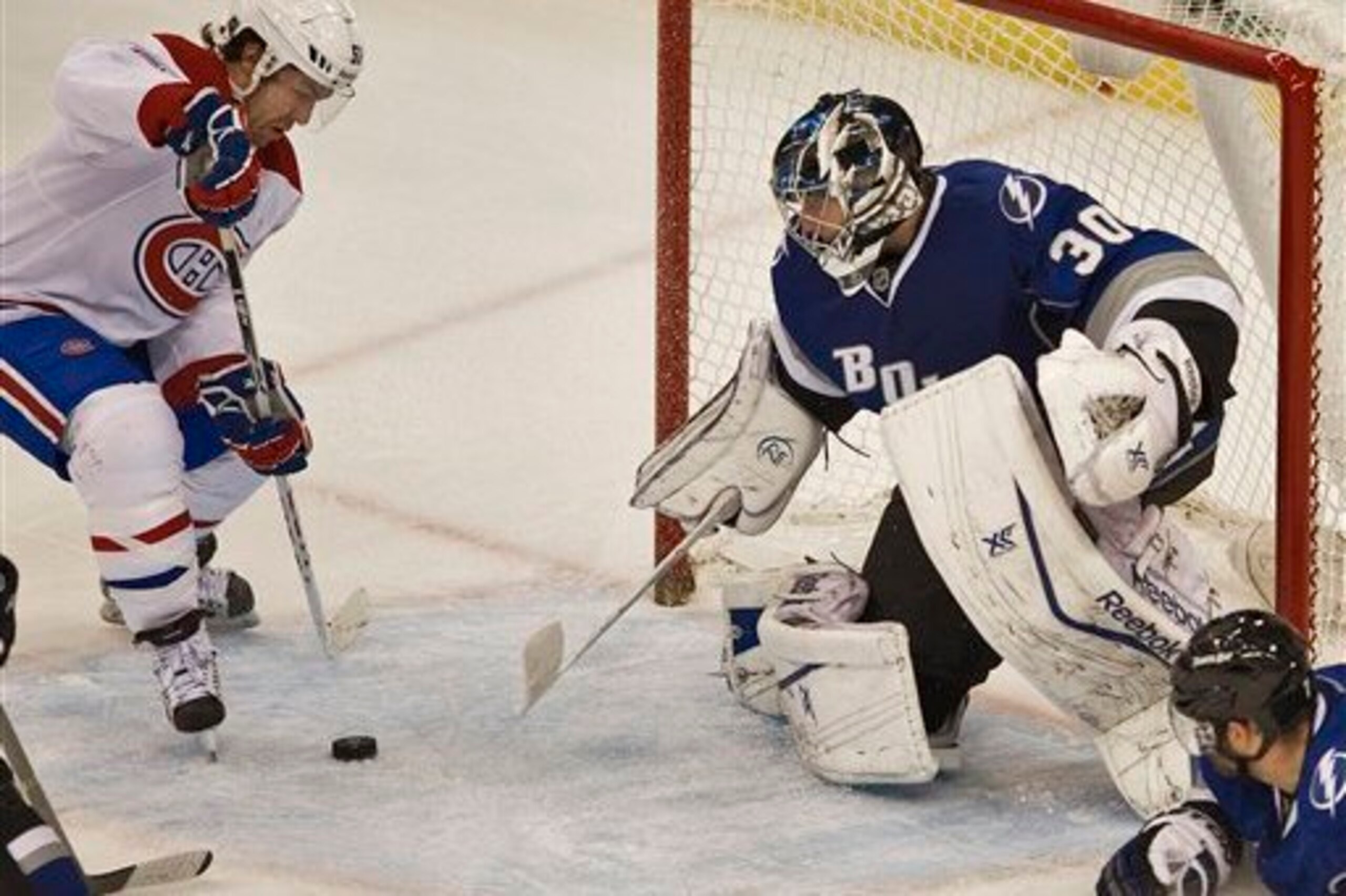 Montreal Canadiens forward David Desharnais against Tampa Bay Lightning goalie Ben Bishop.