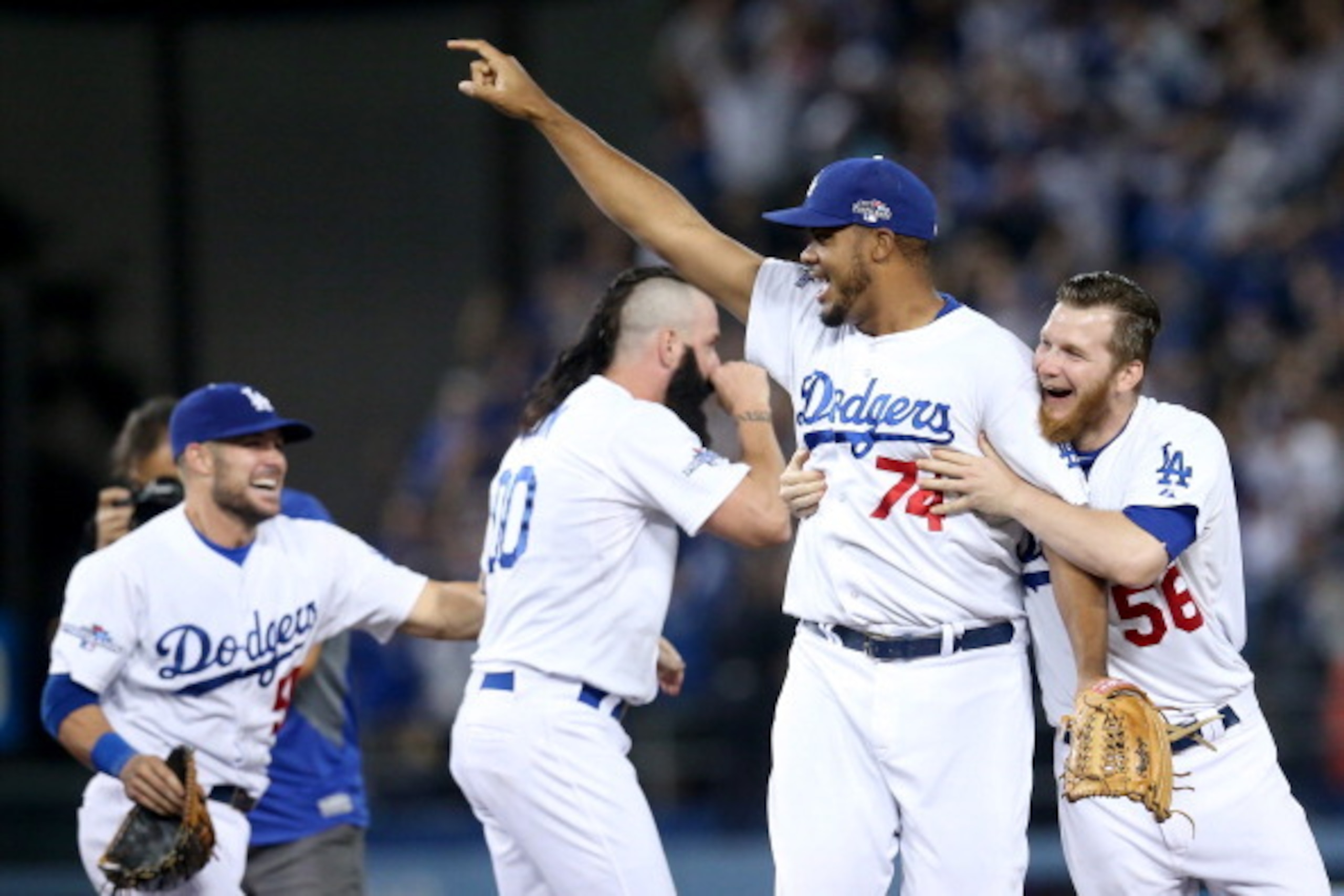 Kenley Jansen (74) and Brian Wilson (second from left) will lead the Dodger bullpen. Kenley Jansen (74) and Brian Wilson (second from left) will lead the Dodger bullpen.