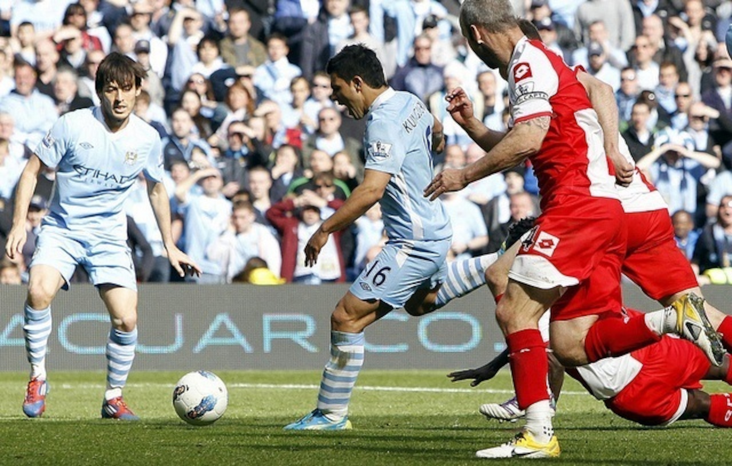It is hard to believe Aguero could score that goal in those socks.