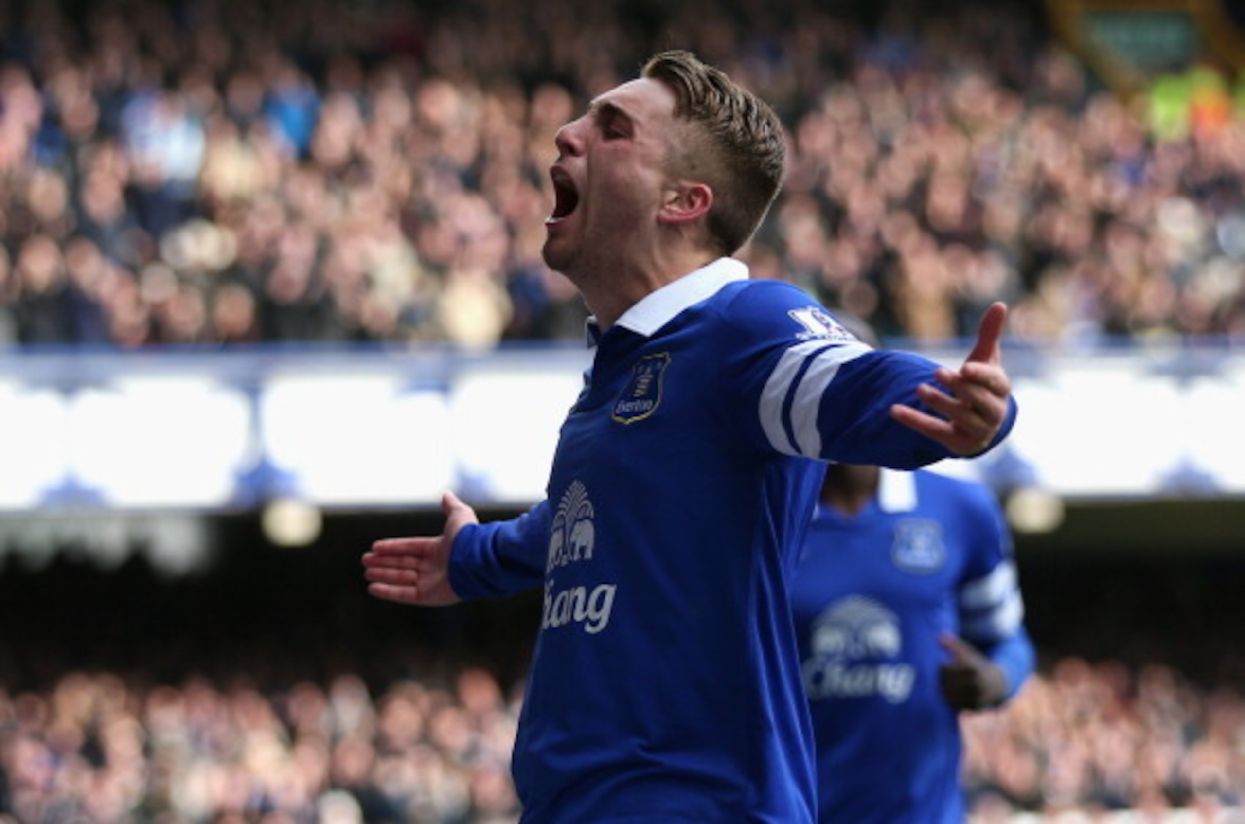 Gerard Deulofeu celebrates a goal for his loan club Everton this season.