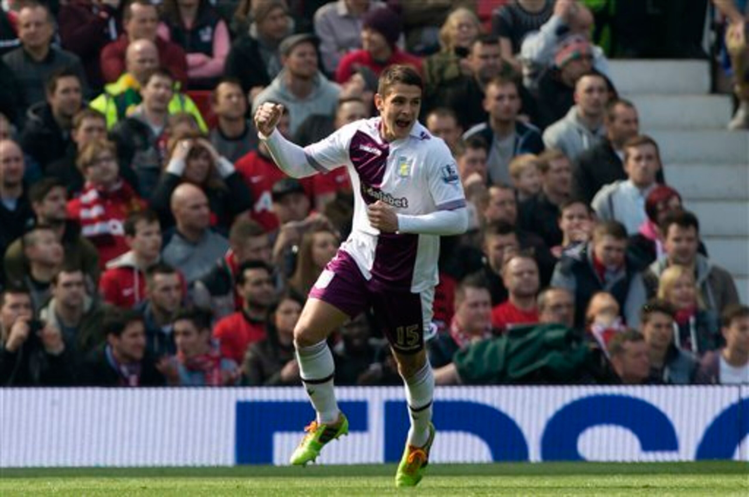 Ashley Westwood celebrates scoring against Manchester United earlier this season. Ashley Westwood celebrates scoring against Manchester United earlier this season.