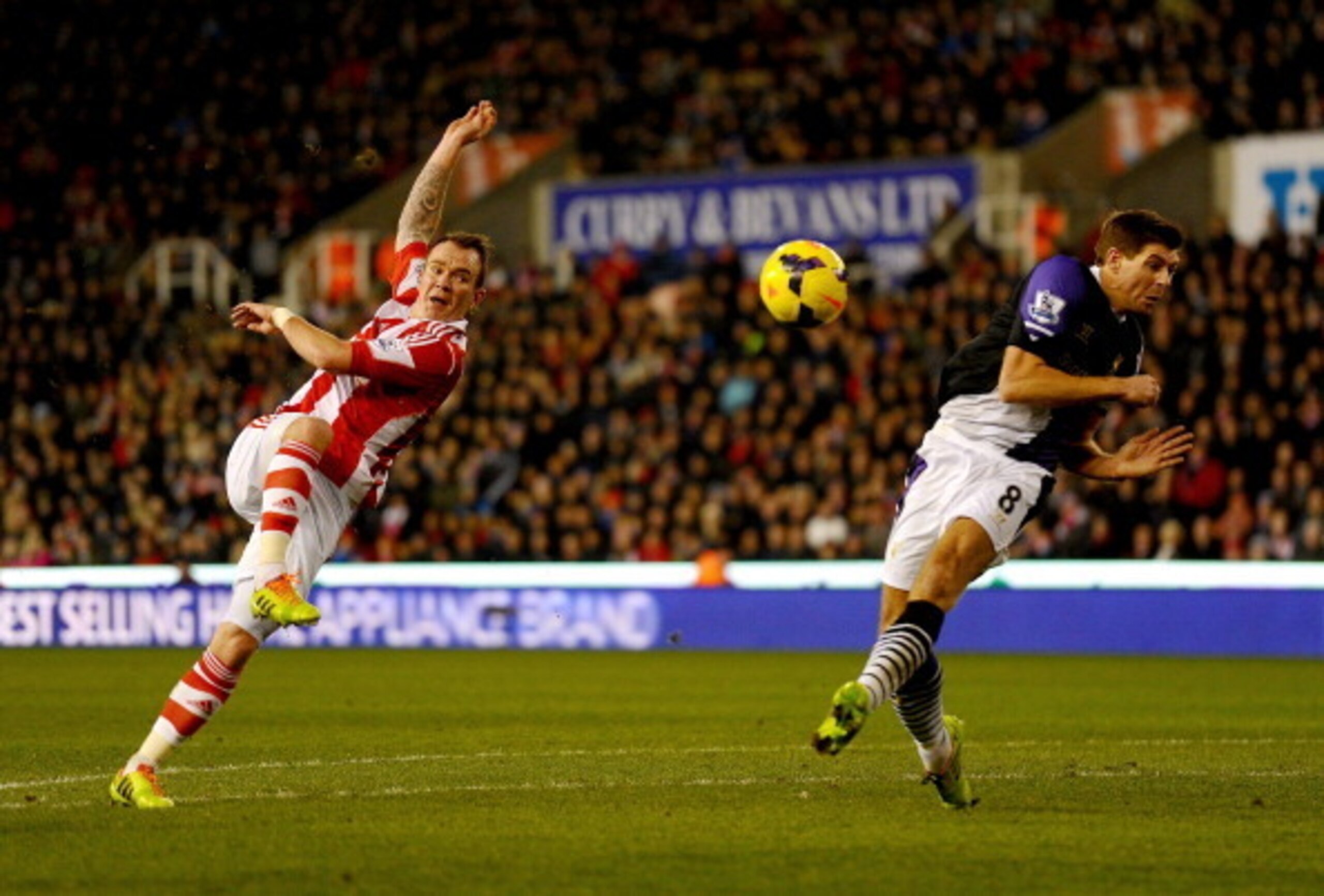 Glenn Whelan with an acrobatic effort against Liverpool earlier this season. Glenn Whelan with an acrobatic effort against Liverpool earlier this season.