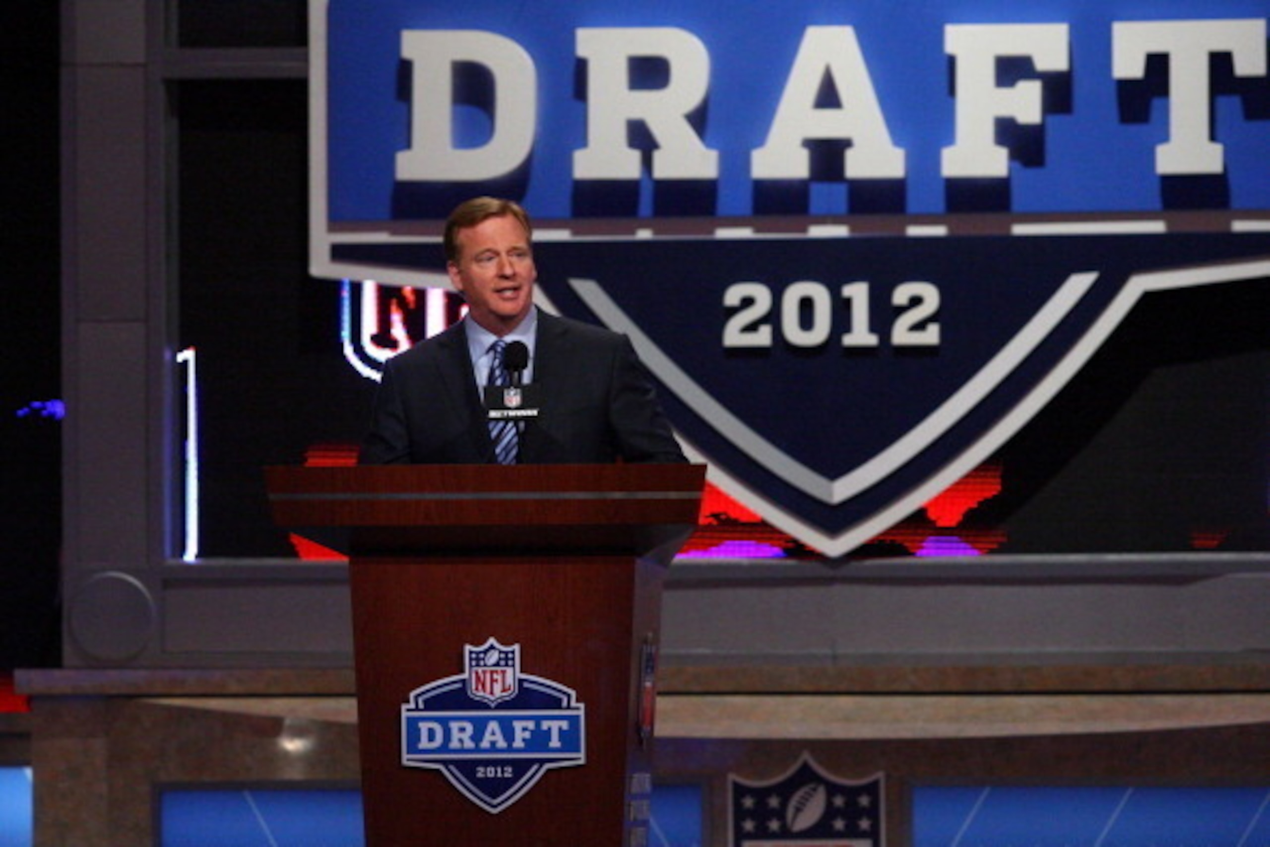 NFL commissioner Roger Goodell stands at the podium during the 2014 draft. NFL commissioner Roger Goodell stands at the podium during the 2014 draft.