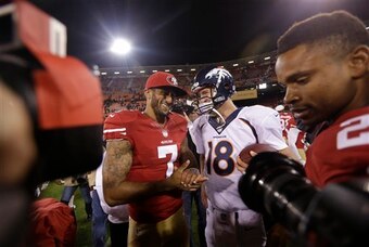 Colin Kaepernick (left) and Peyton Manning (right) will square off in this heralded Week 7 matchup.
