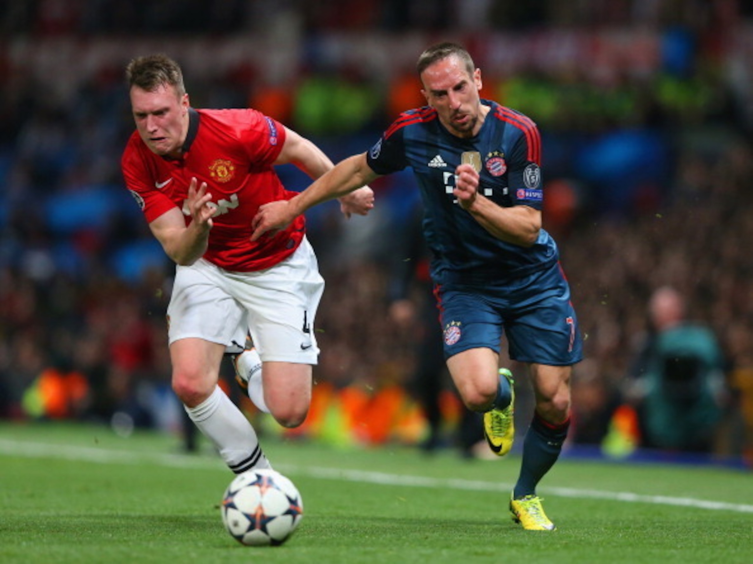 Phil Jones in action for Manchester United in this season's Champions League against Bayern Munich.