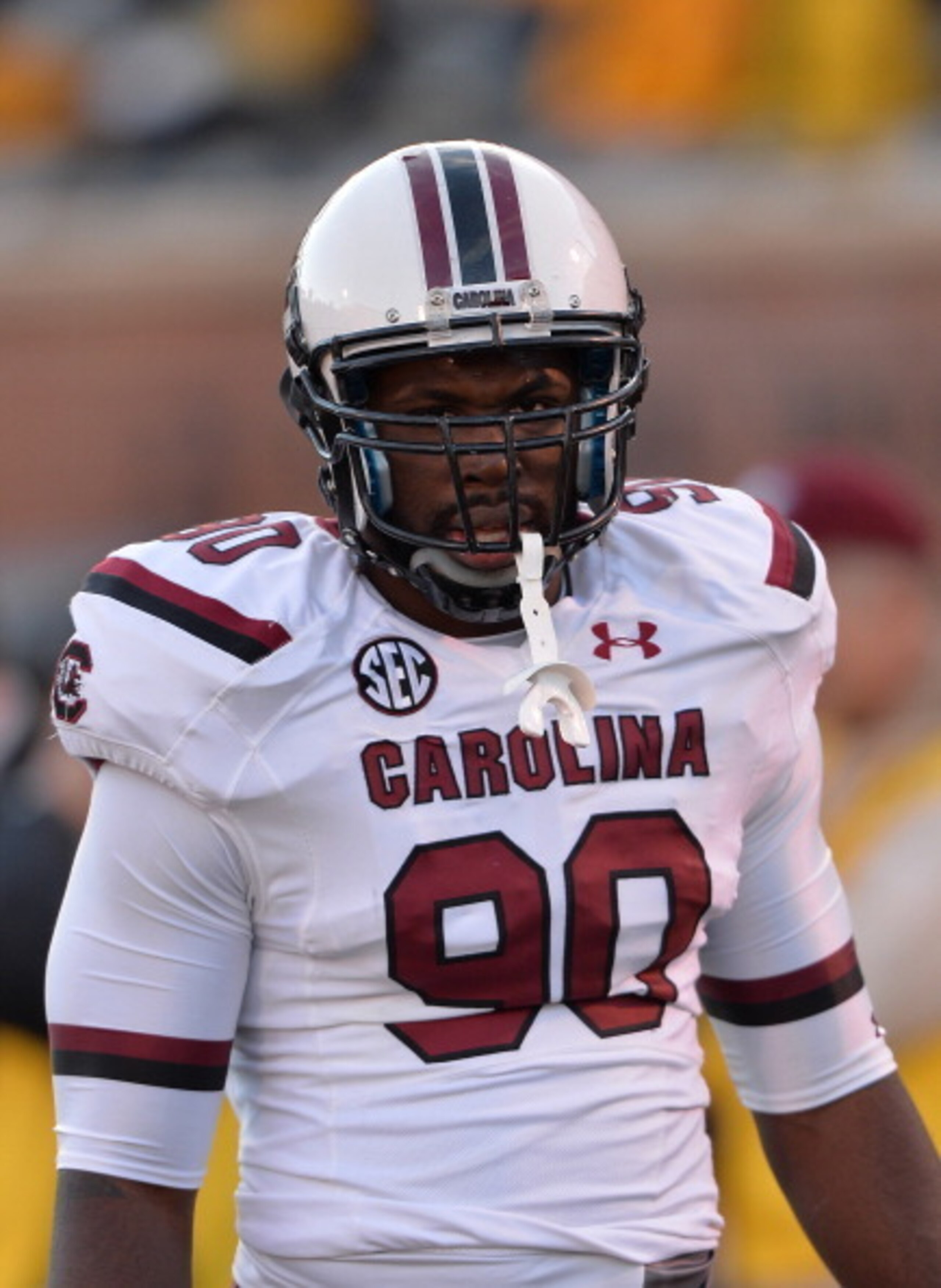 COLUMBIA, MO - OCTOBER 26:  Defensive end Chaz Sutton #90 of the South Carolina Gamecocks before a game against the Missouri Tigers on October 26, 2013 at Faurot Field/Memorial Stadium in Columbia, Missouri.  (Photo by Peter Aiken/Getty Images)