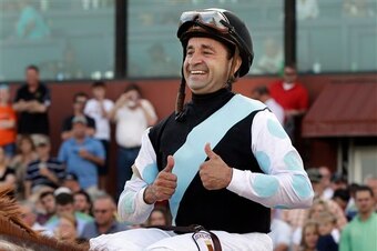 "Jersey" Joe Bravo aboard Danza after winning the Arkansas Derby.