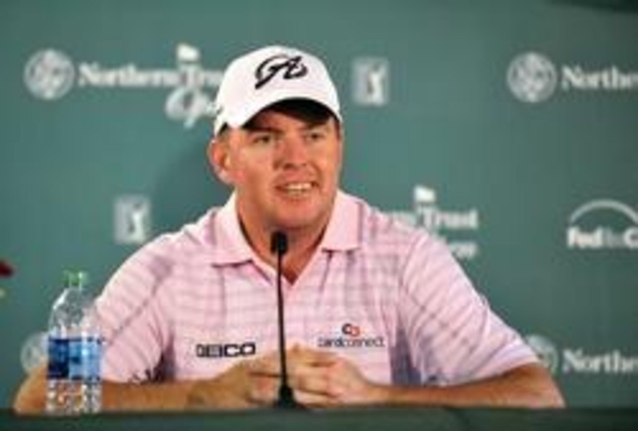 February 14, 2014; Pacific Palisades, CA, USA; Robert Garrigus speaks with media following his second round of play at the Northern Trust Open at Riviera Country Club. Mandatory Credit: Gary A. Vasquez-USA TODAY Sports