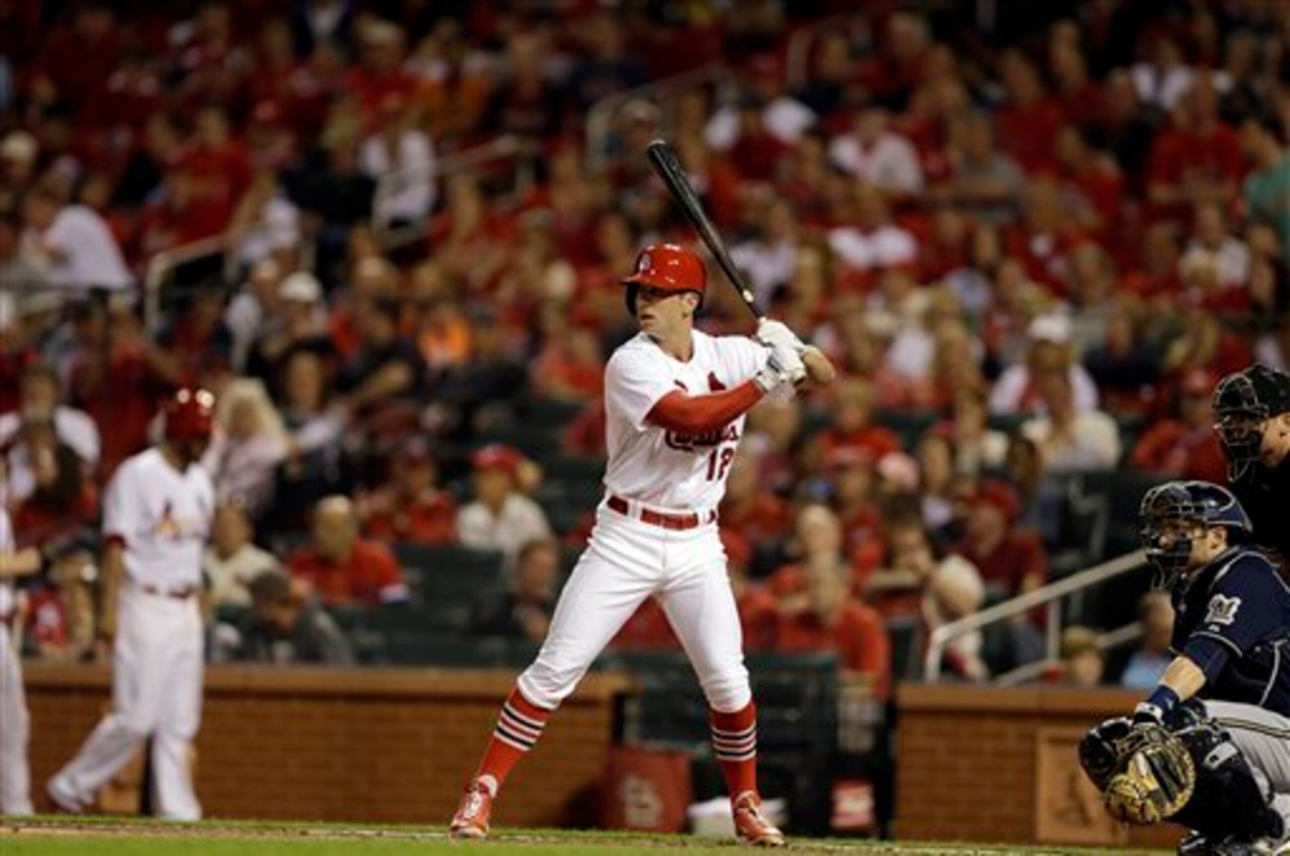 Greg Garcia gets his first MLB at-bat against the Brewers on April 28.