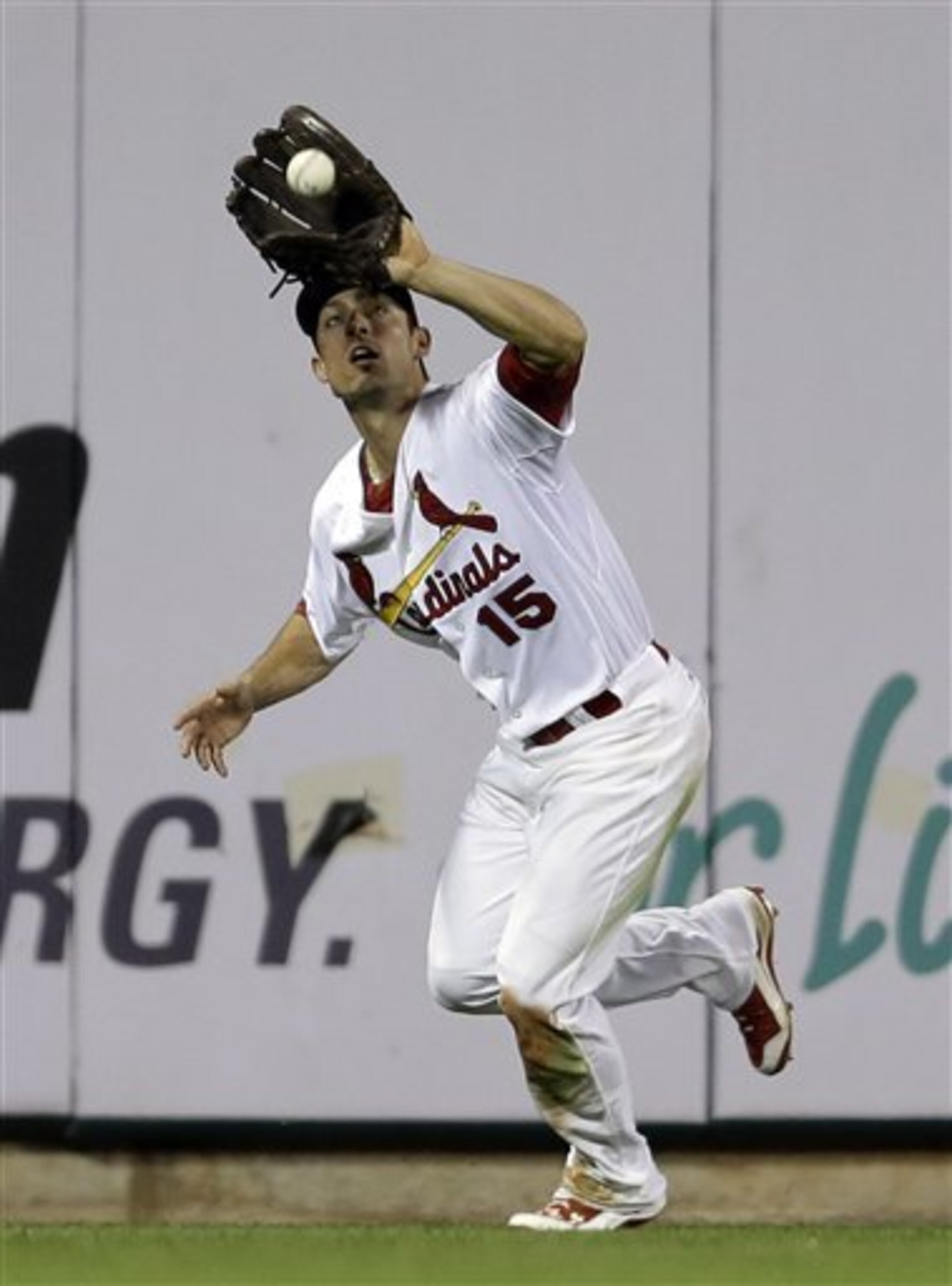 Randal Grichuk makes a catch against the Brewers on April 29.