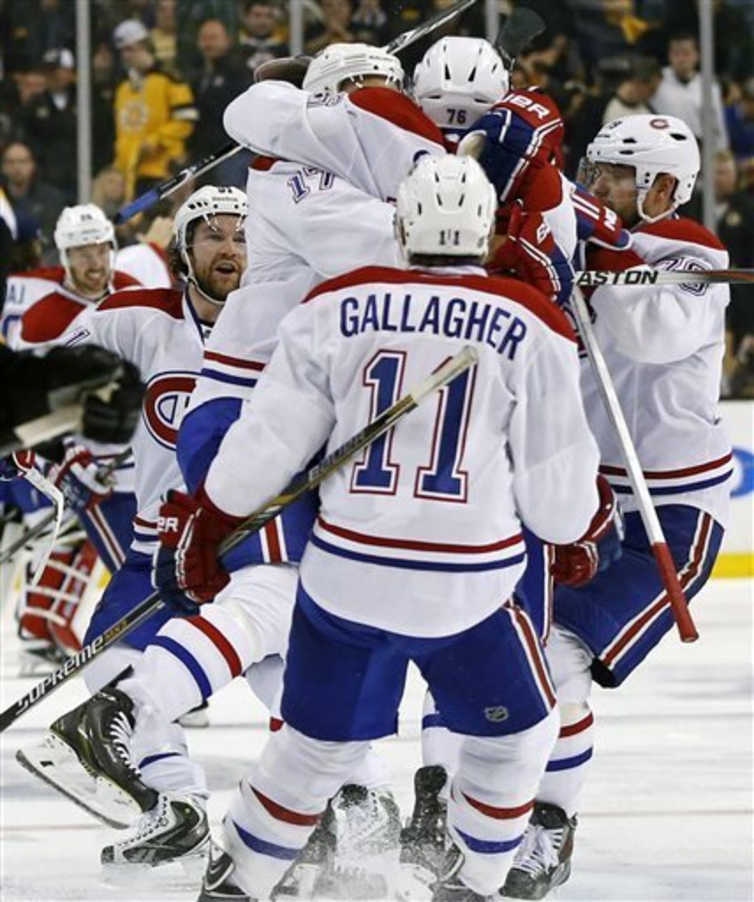 The Montreal Canadiens celebrate their Game 1 victory against the Boston Bruins.