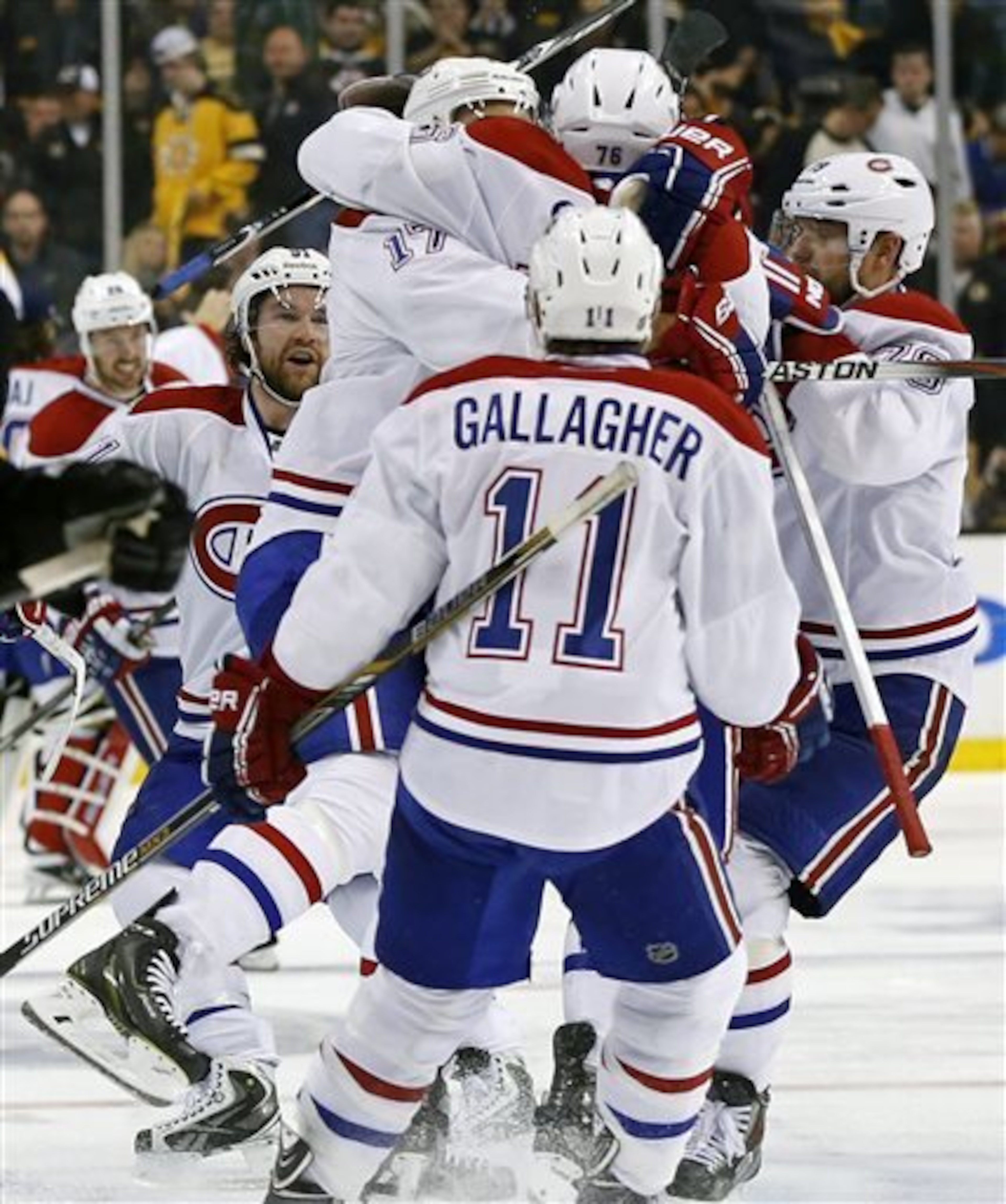 The Montreal Canadiens celebrate their Game 1 victory against the Boston Bruins. The Montreal Canadiens celebrate their Game 1 victory against the Boston Bruins.