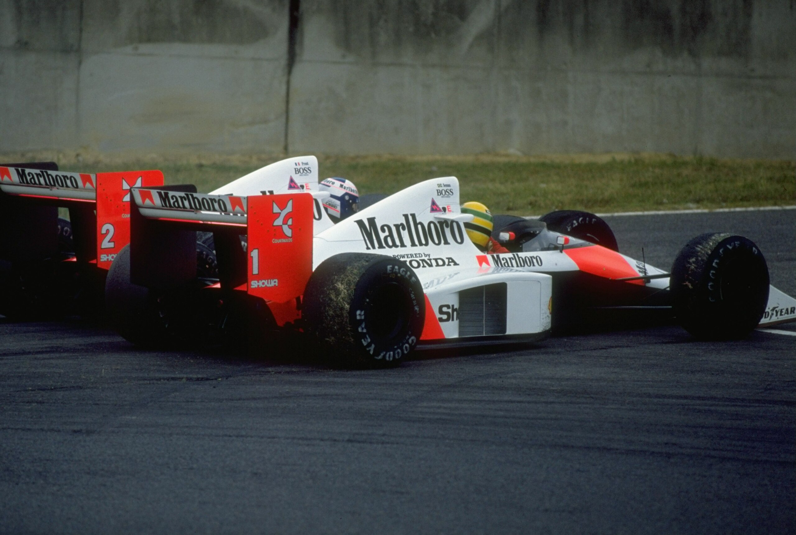 Senna and Prost collide at the 1989 Japanese Grand Prix.
