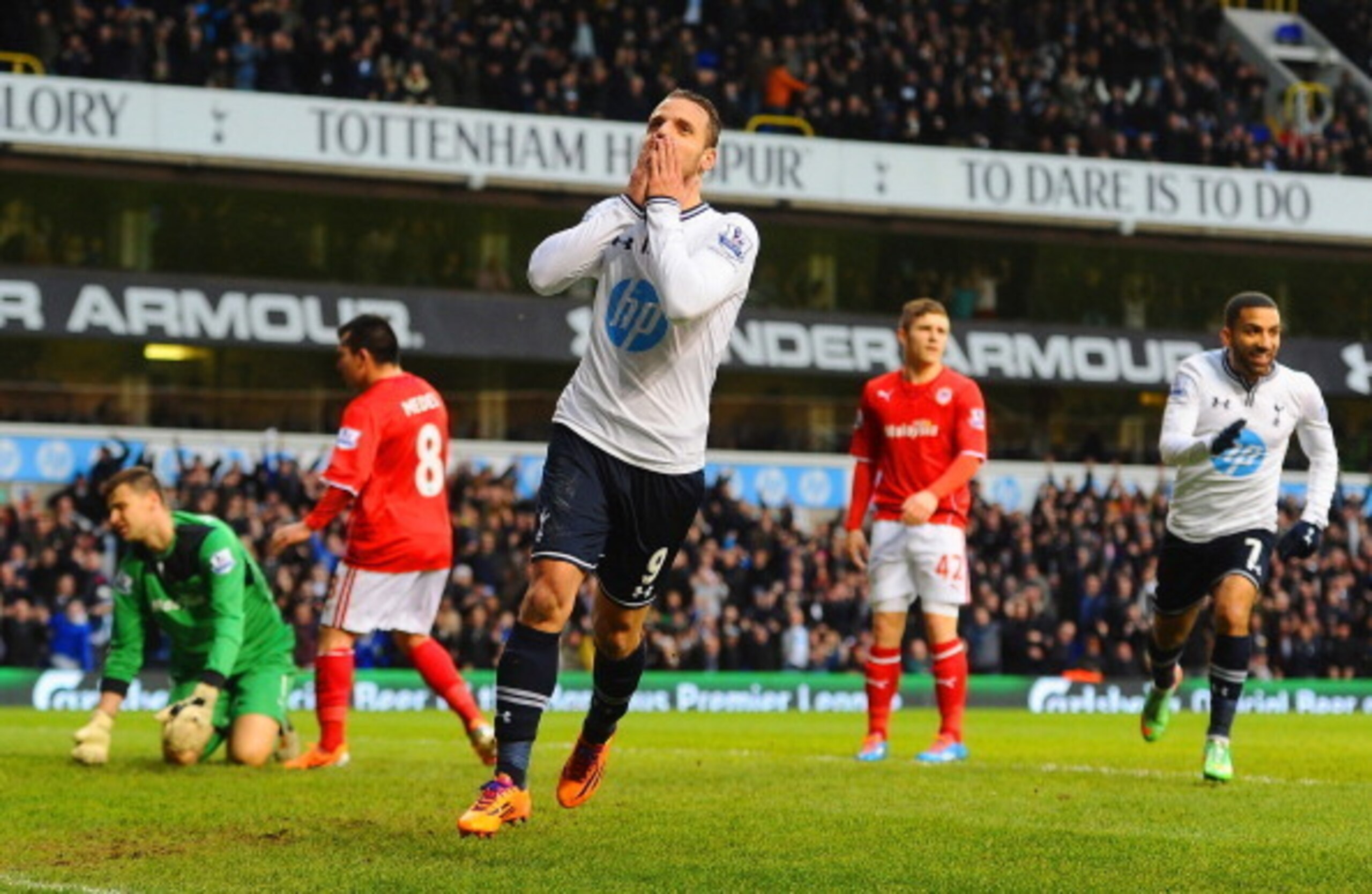 A relieved Soldado celebrates his goal against Cardiff.