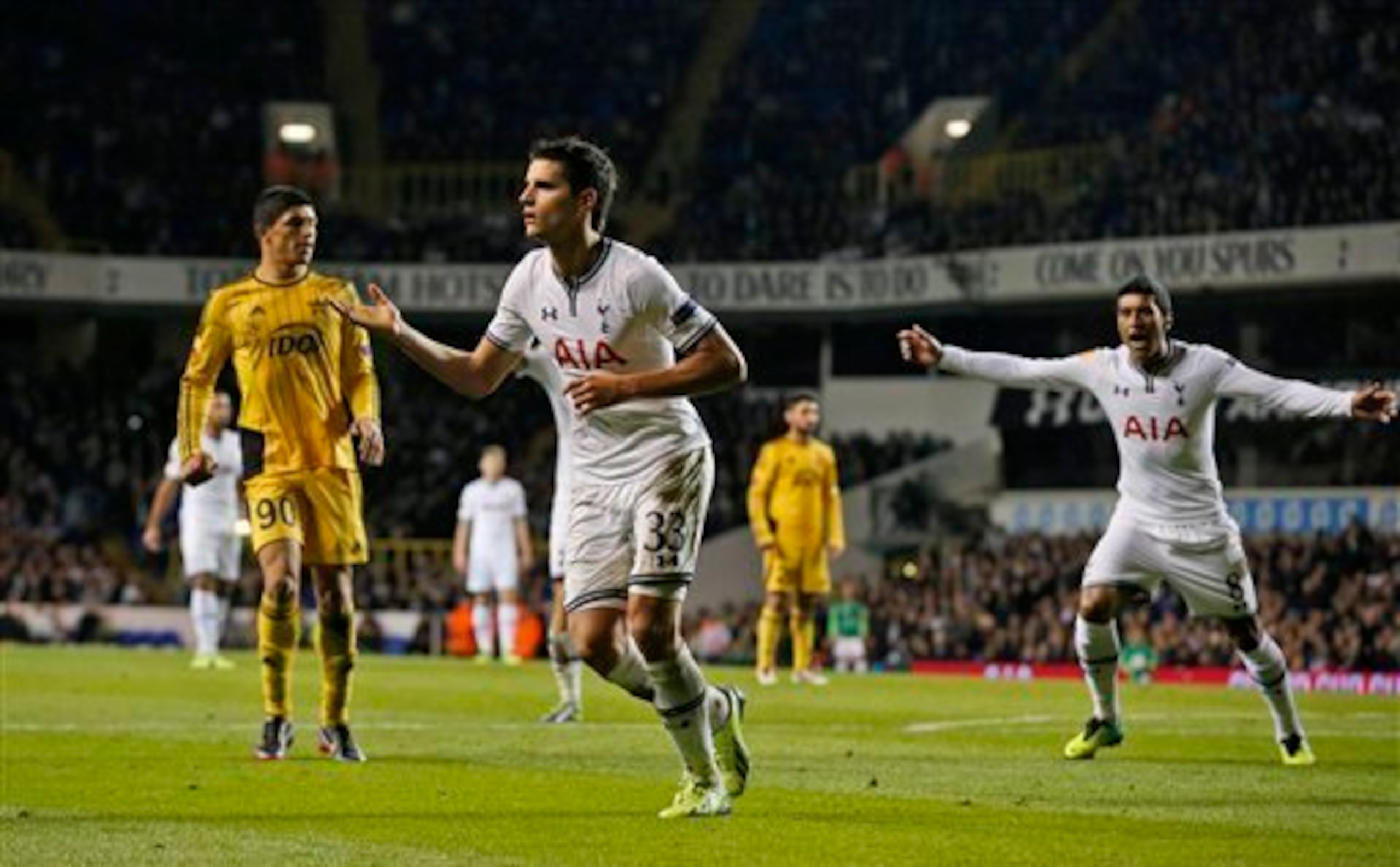 Lamela celebrates scoring against Sheriff in the Europa League.