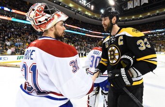 Carey Price says goodbye to Zdeno Chara.